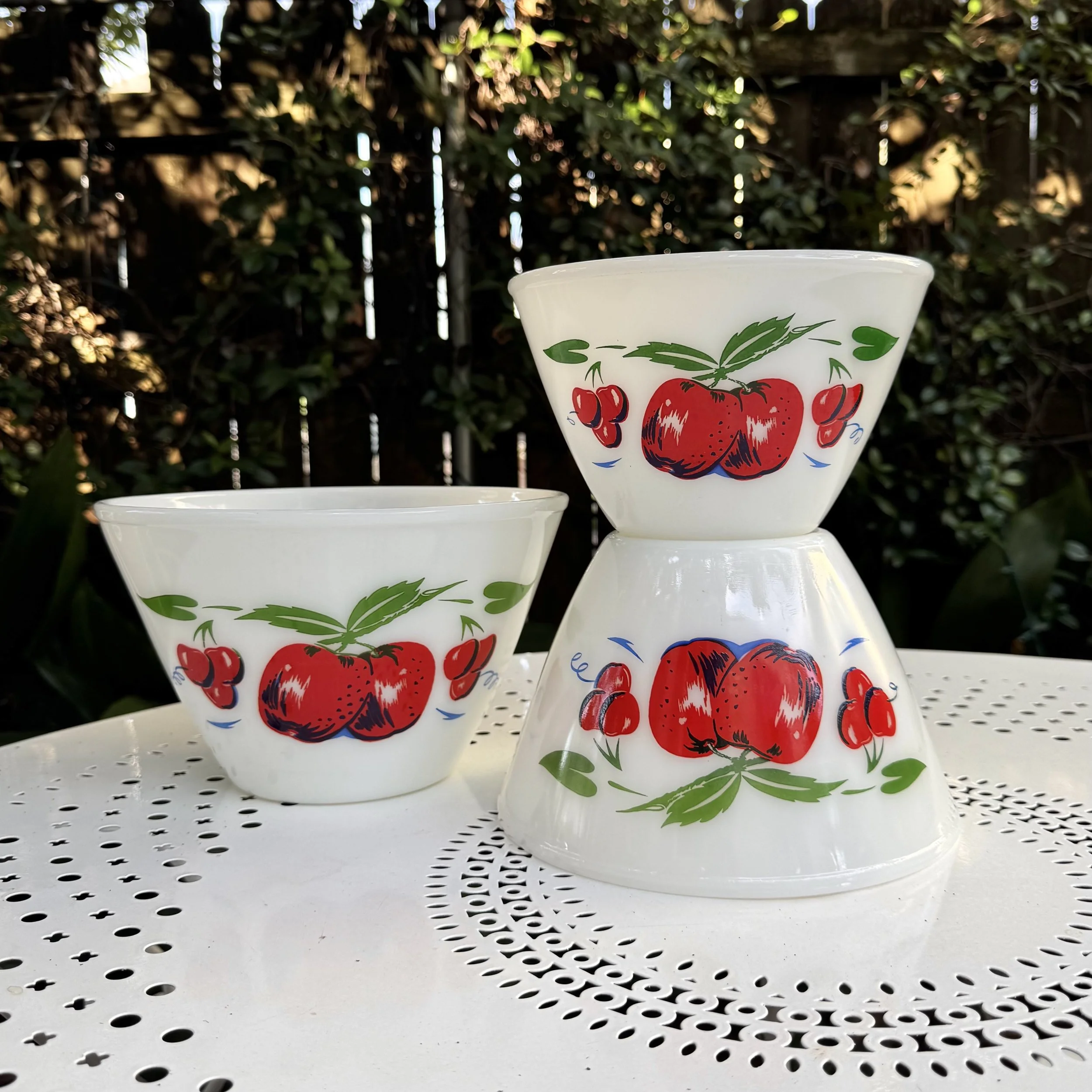 1950's 'Fire King' Apples & Cherries Milk Glass Nesting Bowls Set of 3