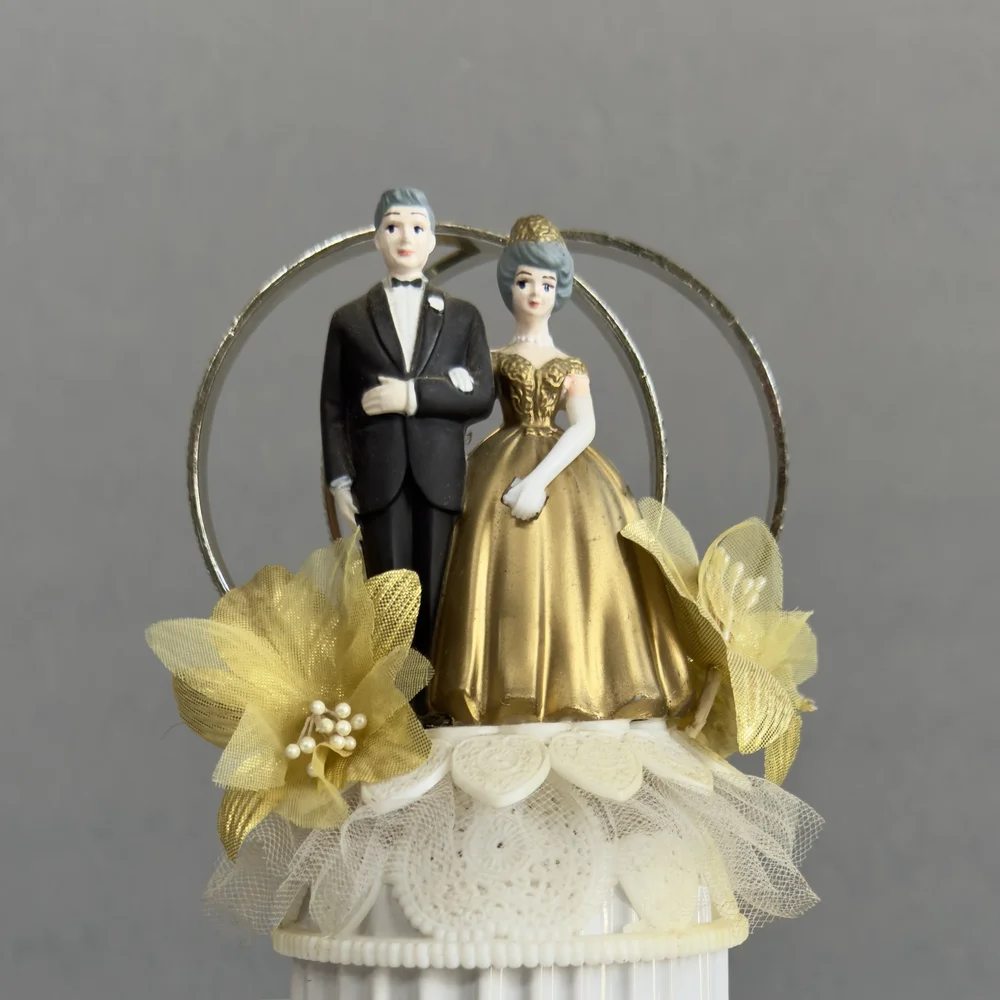 50th Anniversary Grey Hair Couple Wedding Cake Topper  Seasoned  experienced cookware