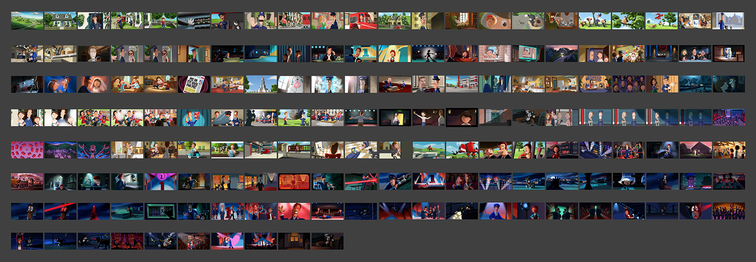 Above, Main beat colour script for "Postman Pat, The movie". Art Director, Richard Smitheman Below, Colour Keys, Turnarounds, Effects concepts