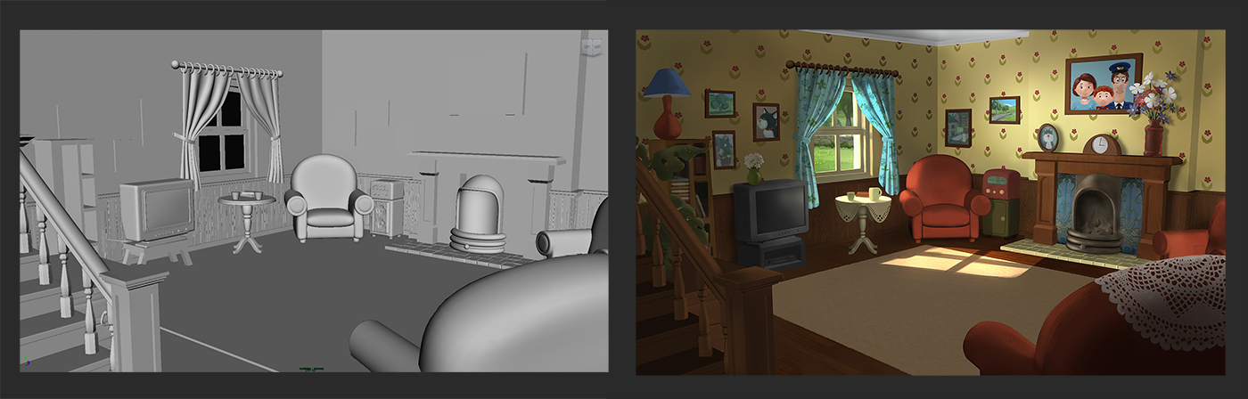 Above, Example of a colour and lighting key painting over the existing CG model.