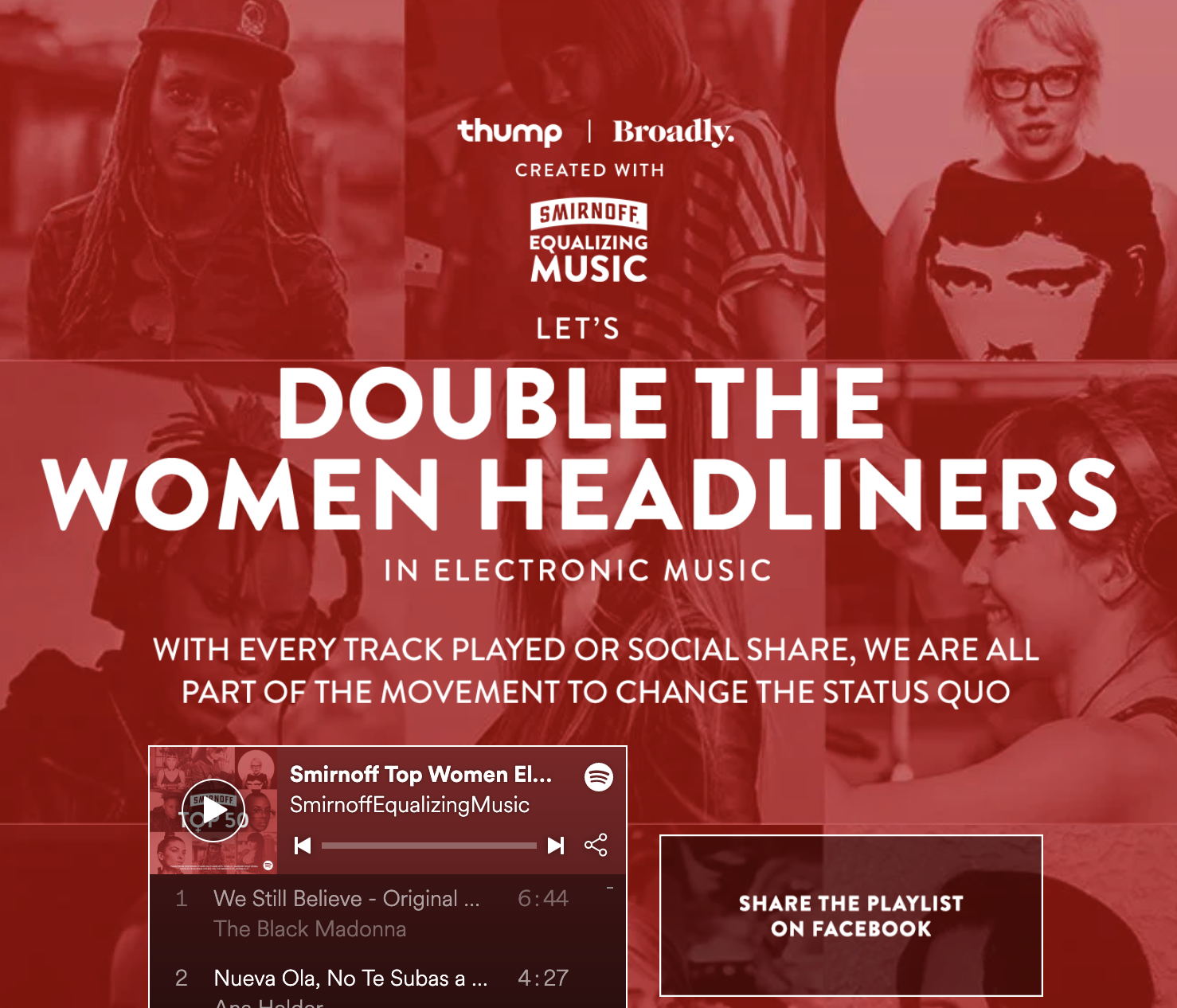 Digital poster with images of diverse women and text promoting a music initiative called 'Double the Women Headliners' in electronic music, sponsored by Thump, Broadly, and Smirnoff Equalizing Music, featuring a playlist from Spotify.