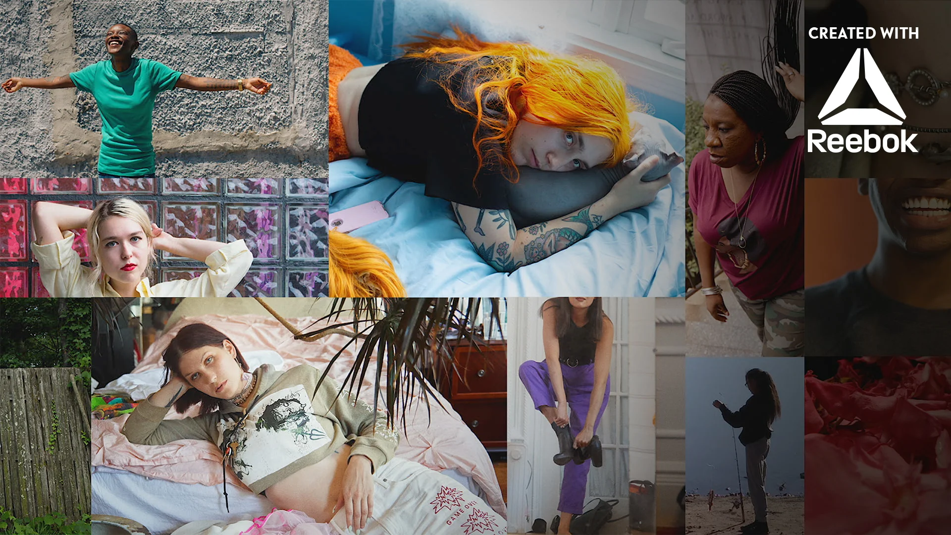 A collage of diverse women and girls in various poses and settings, including smiling, lounging, and outdoor activities, with a Reebok logo in the top right corner.