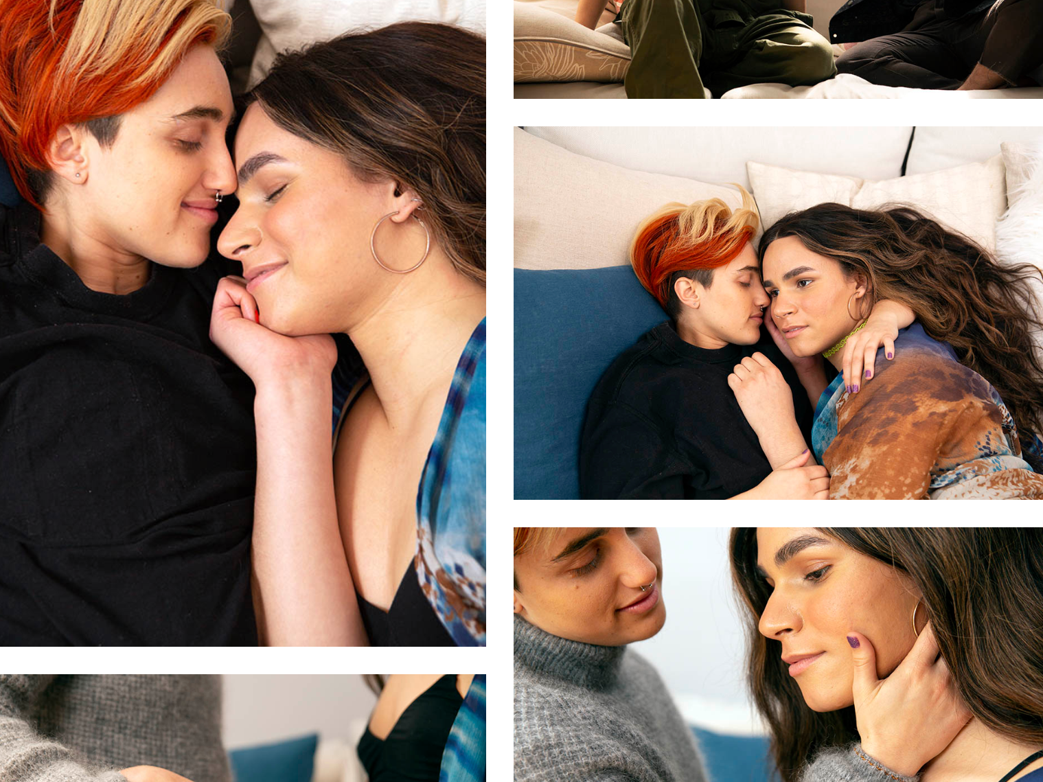 A collage of photos showing a young woman with orange hair and a woman with brown hair, sharing intimate moments and close contact, including cuddling and touching their faces gently, in various indoor settings.