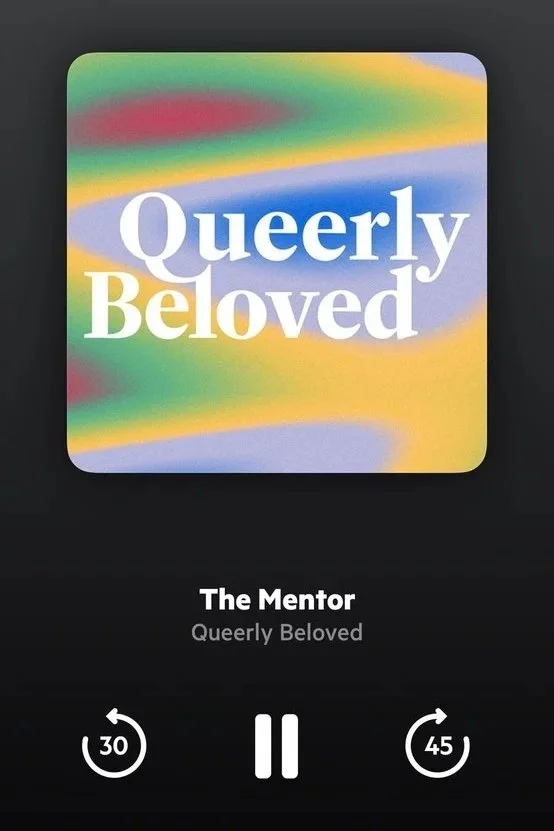 Music player screen showing the song "The Mentor" by Queerly Beloved, with play/pause button, 30 and 45 second rewind and fast-forward buttons.
