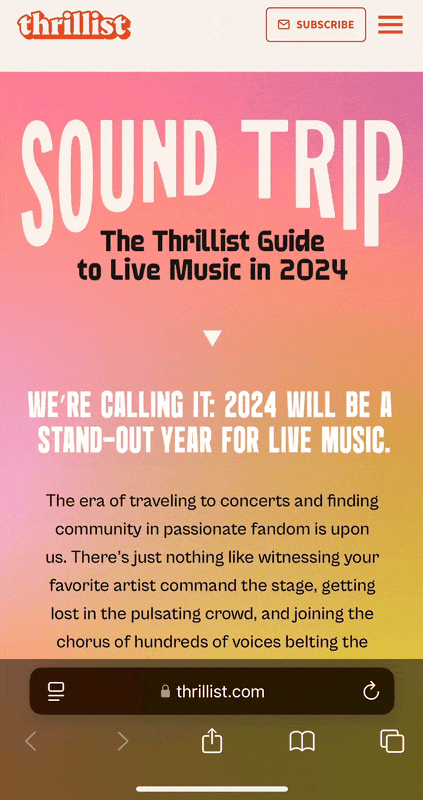 A mobile webpage from Thrillist titled "Sound Trip: The Thrillist Guide to Live Music in 2024" with a pink and orange gradient background, subscription button, menu icon, and article text about live music trends for 2024.