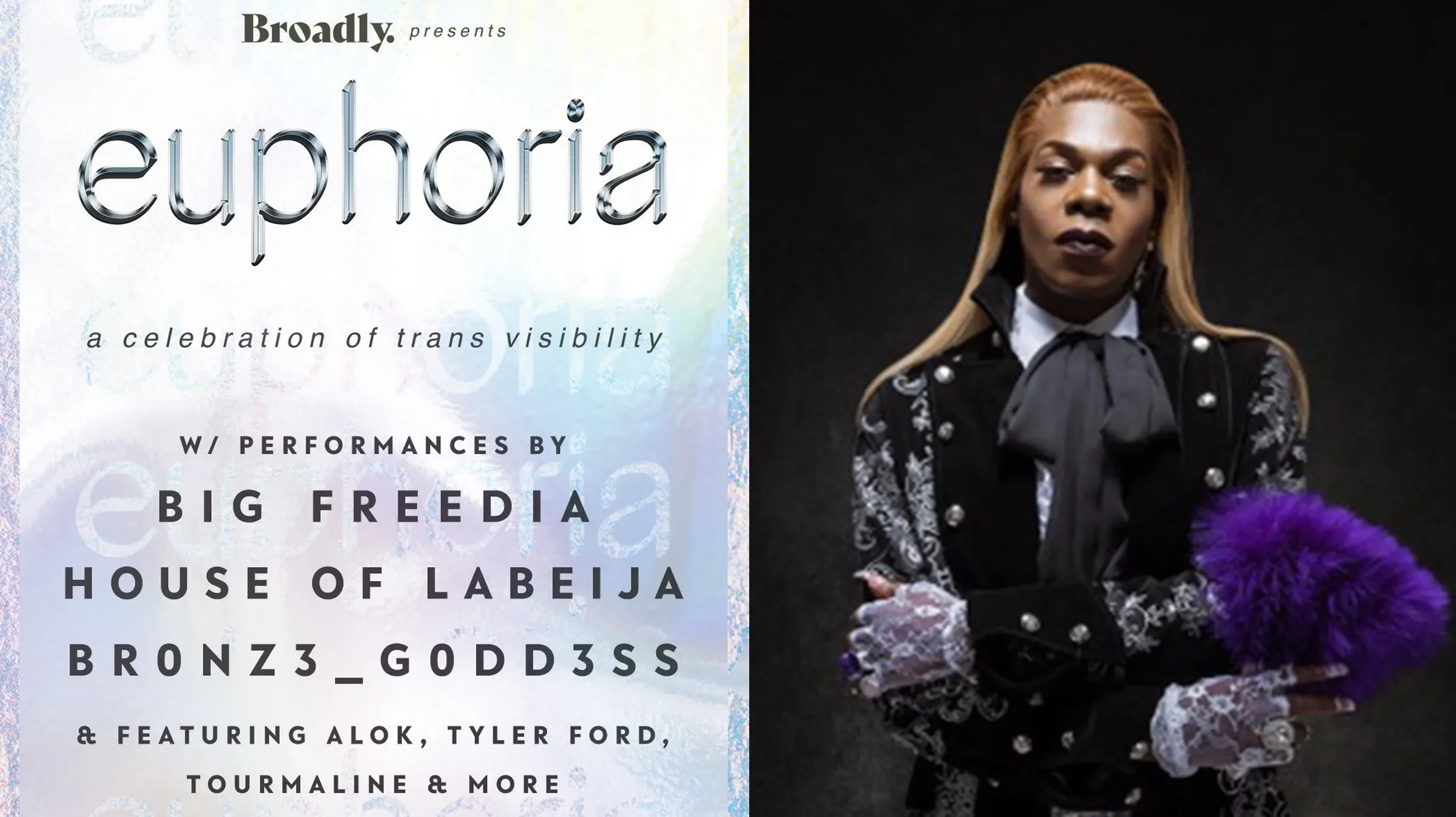 Event poster for 'Euphoria' celebration of trans visibility, featuring performances by Big Freedia, House of LaBeija, Bronz3_Goddes, and others. Left side has text information, right side has a woman with blonde hair, dressed in a black outfit with silver embellishments, looking directly at the camera, holding a purple feathered fan.