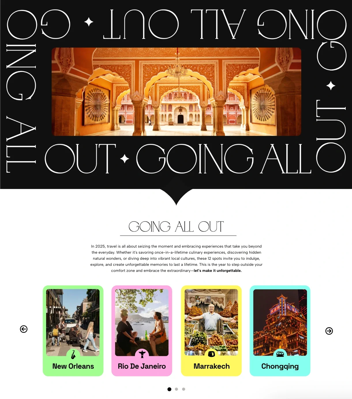 Travel website or brochure promoting destinations with a large header image of a palace or historical building, and a section titled "Going All Out" highlighting travel spots including New Orleans, Rio De Janeiro, Marrakech, and Chongqing, each with respective images and icons.