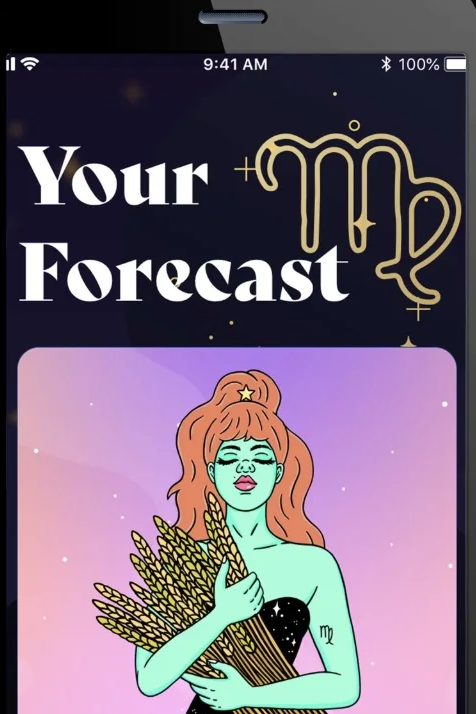 Mobile phone screen displaying a horoscope app with the title 'Your Forecast', an illustration of a woman with green skin and red hair holding wheat, set against a purple background with stars, and zodiac symbols at the top.