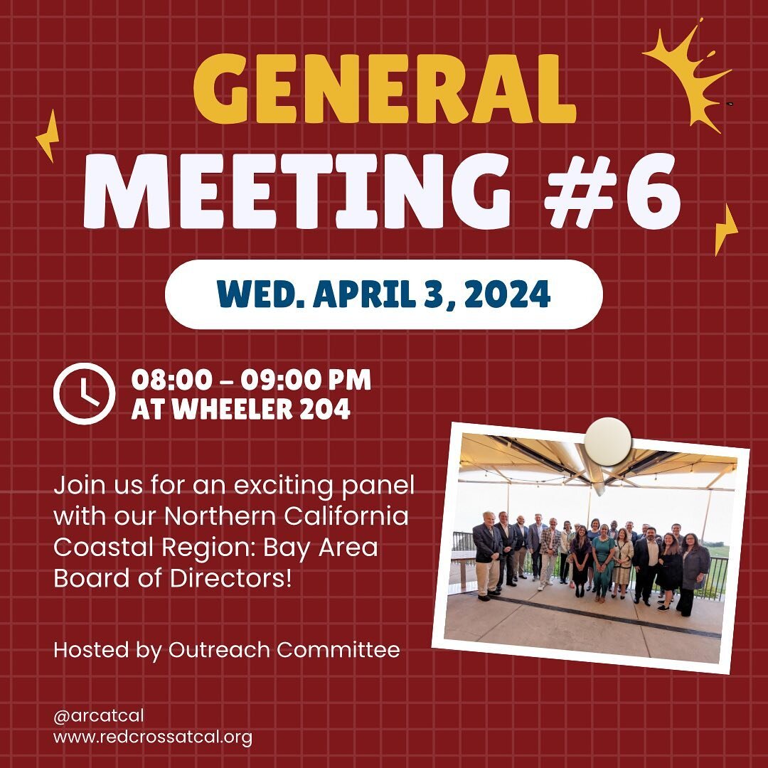 Are you ready for our next GM THIS Wednesday?! Hosted by our Outreach Committee, join us for an exciting panel composed of our Northern California Coastal Region: Board of Directors! 

It will be from 8:00-9:00pm at Wheeler 204. Hope to see you all t