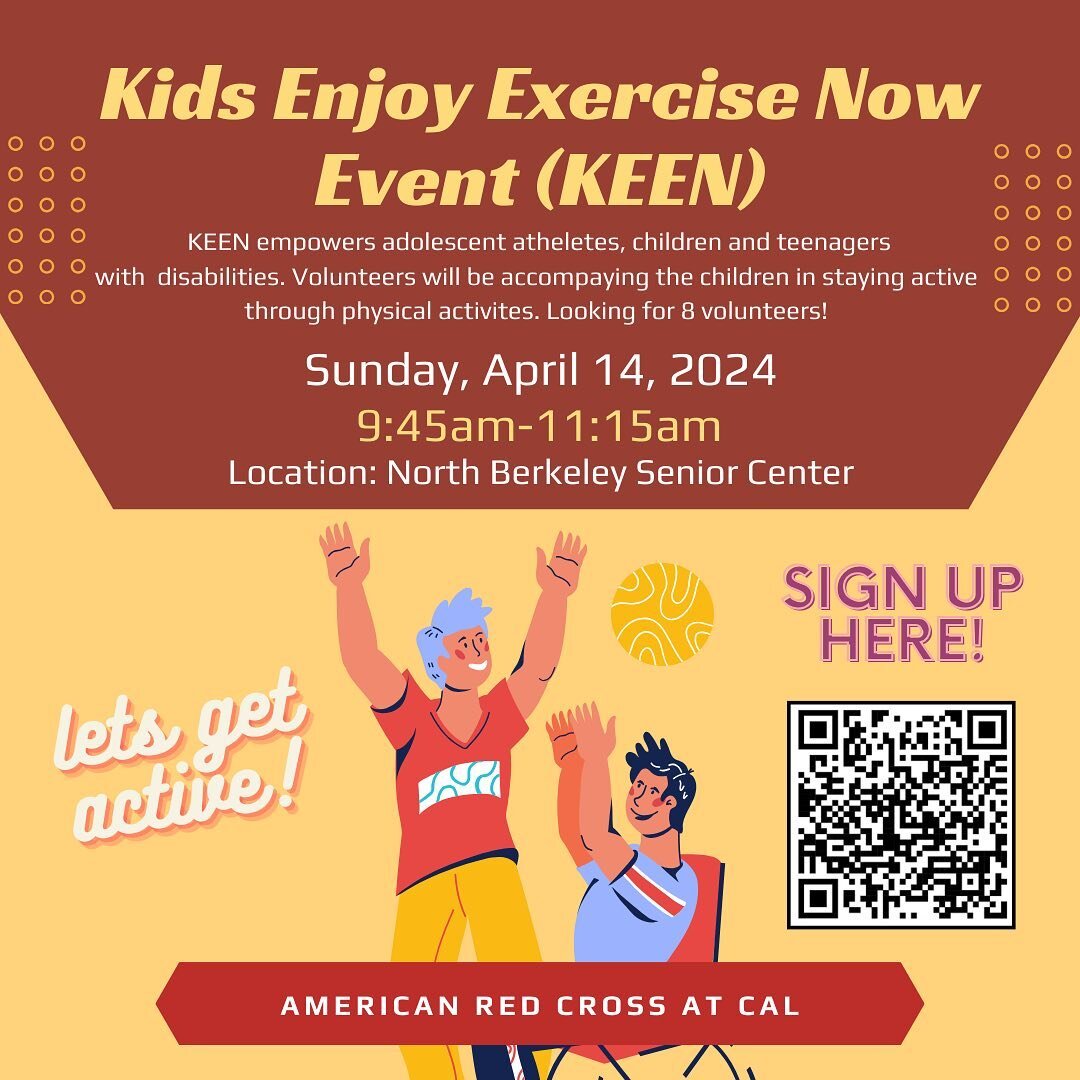 Community Engagement is hosting their KEEN event (Kids Enjoy Exercise Now) next Sunday, April 14th, from 9:45am to 11:15am at the North Berkeley Senior Center!

Volunteers will be accompanying the children in staying active through physical activitie