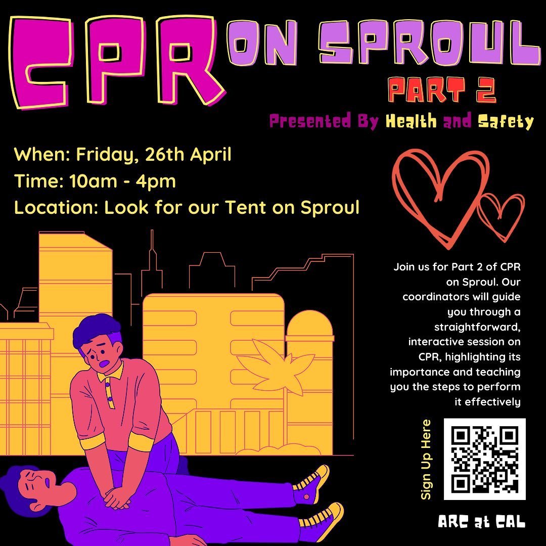 Due to the success of our first CPR on Sproul, Health &amp; Safety will be having their 2nd CPR on Sproul THIS Friday, April 26th from 10am to 4pm!! Look for our tent on Upper Sproul to locate us and come join us as our Health &amp; Safety coordinato