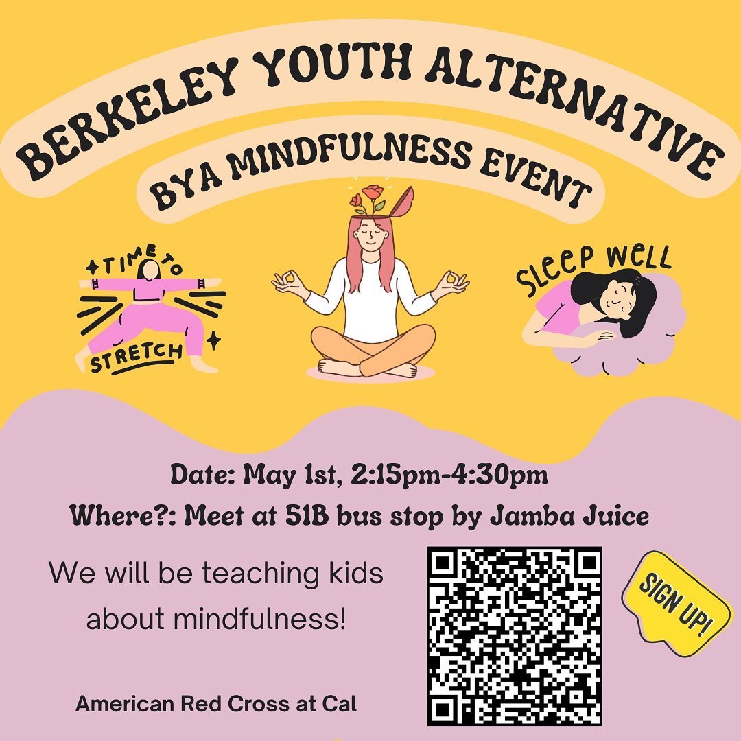 Volunteer with CE at our BYA Mindfulness Event! It will be happening next Wednesday, May 1st from 2:15-4:30pm! Meet at the 51B stop near Jamba Juice! Sign up through our QR code if interested!

@arcatcal 
#americanredcross #redcrossvolunteer #communi