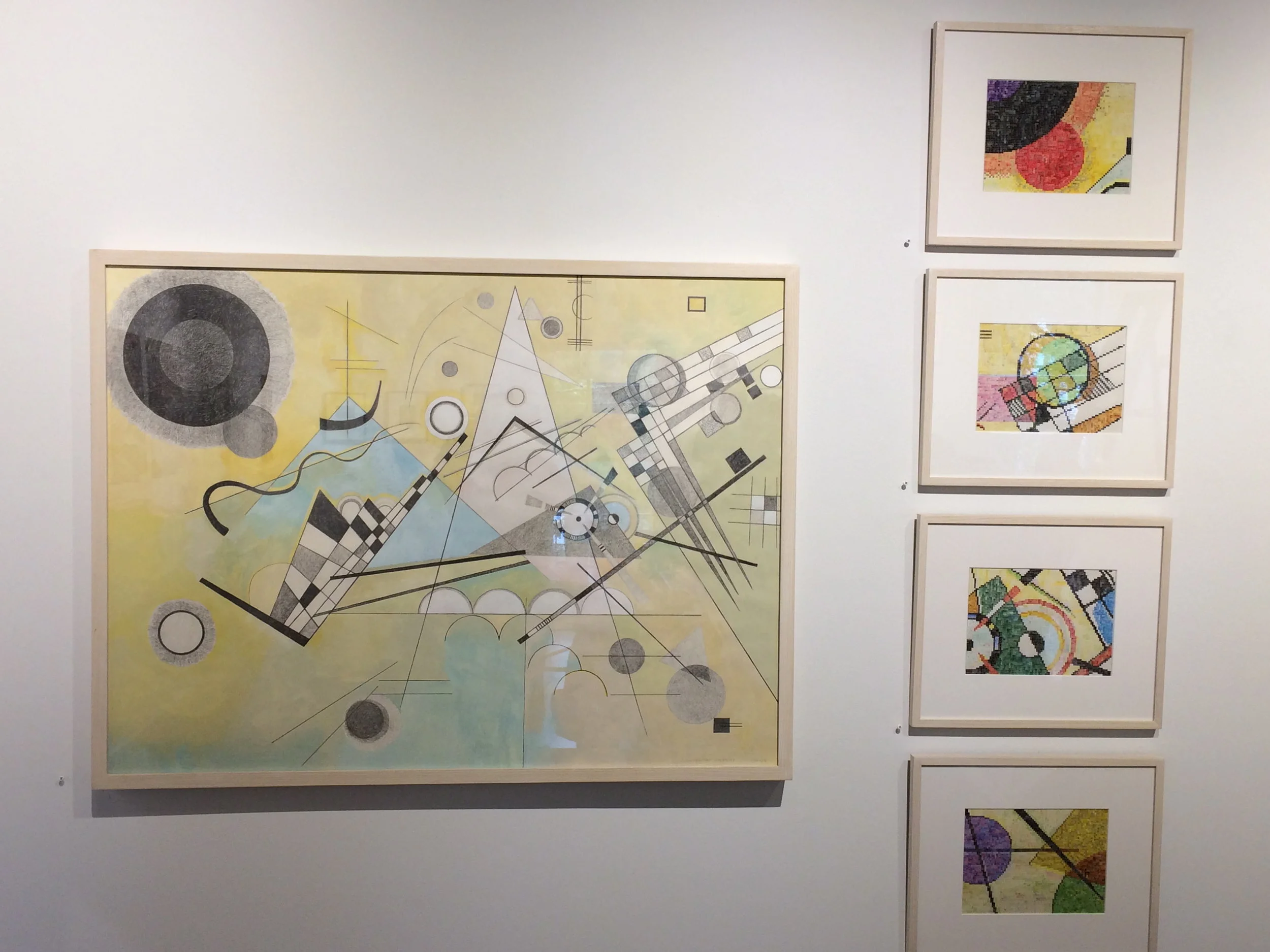 This series, entitled Deconstructing Kandinsky, is comprised of a rendition of Kandinsky's Composition VIII, but with color only in the background. The "Blow Ups" are parts of the painting made larger on gridded paper. The other parts of the series also refer to Kandinsky's painting. Shown here in a gallery.