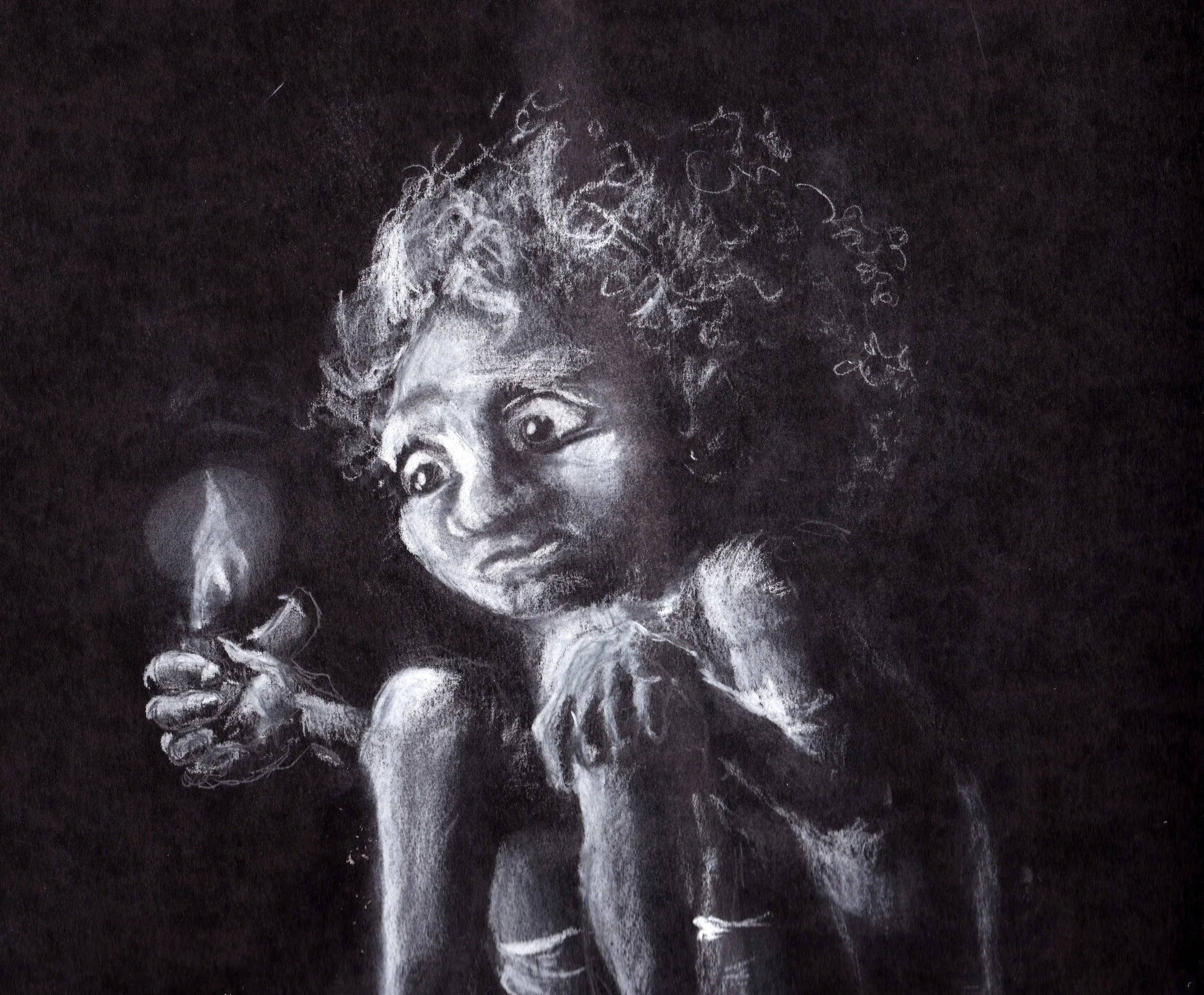  Charcoal illustration on black paper. 