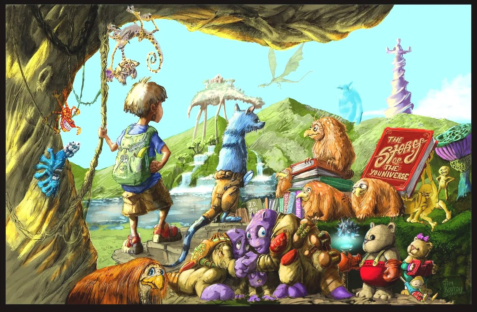 Colorful, fantasy illustration of a young boy on a hilltop in a magical landscape with various fantastical creatures, books, and a giant red book titled 'The Story of the Youniverse.'
