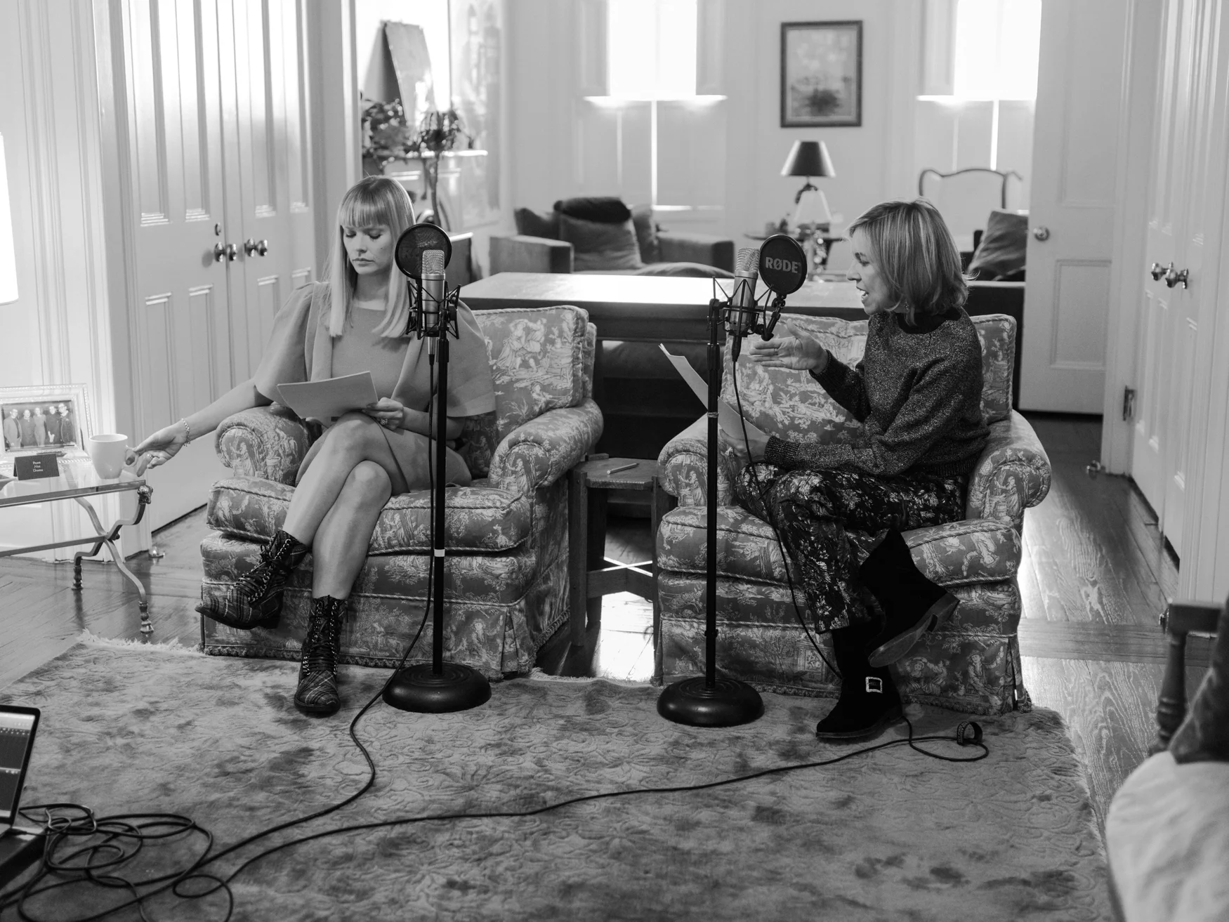 A Different Tweed Co-hosts Mosha Lundstrom Halbert & Bronwyn Cosgrave recording in New York City. Photo: Mark Sommerfeld.