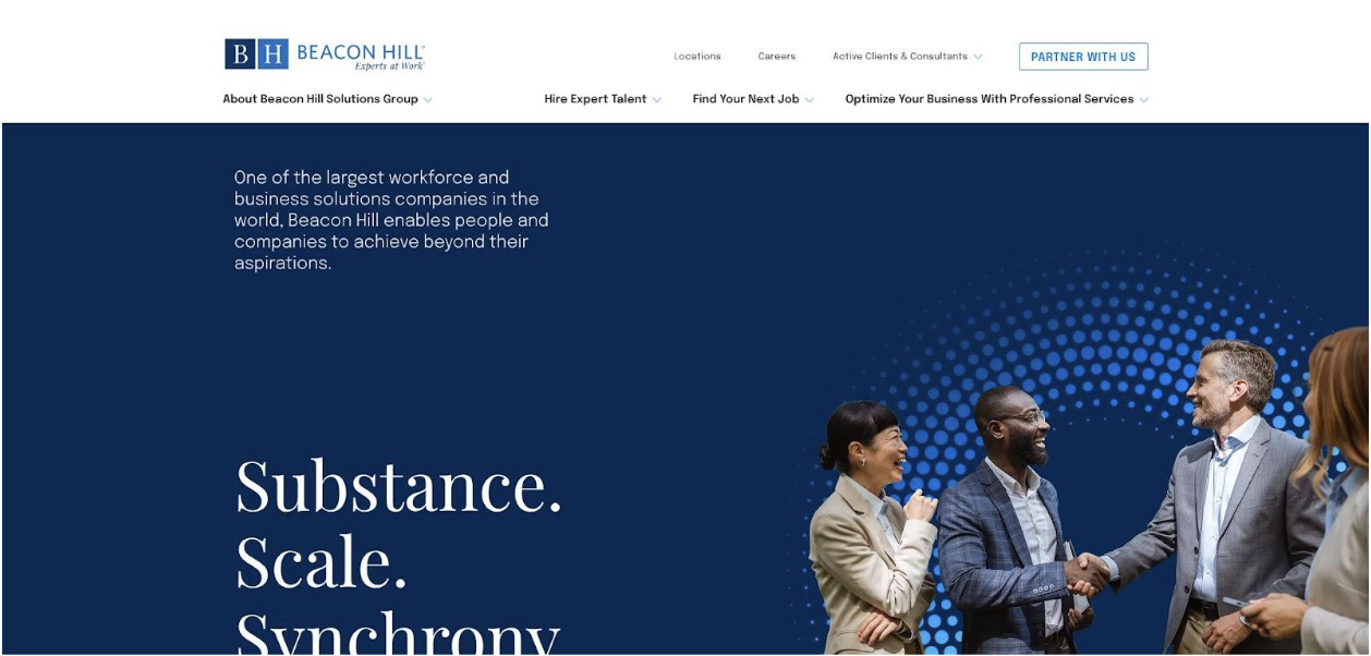 Beacon Hill Staffing Website Screenshot Emphasizing High-Touch Service at Scale.