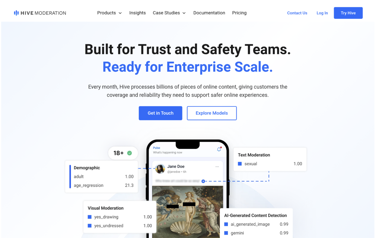 Hive Moderation - Best for Platform Content Moderation and Safety