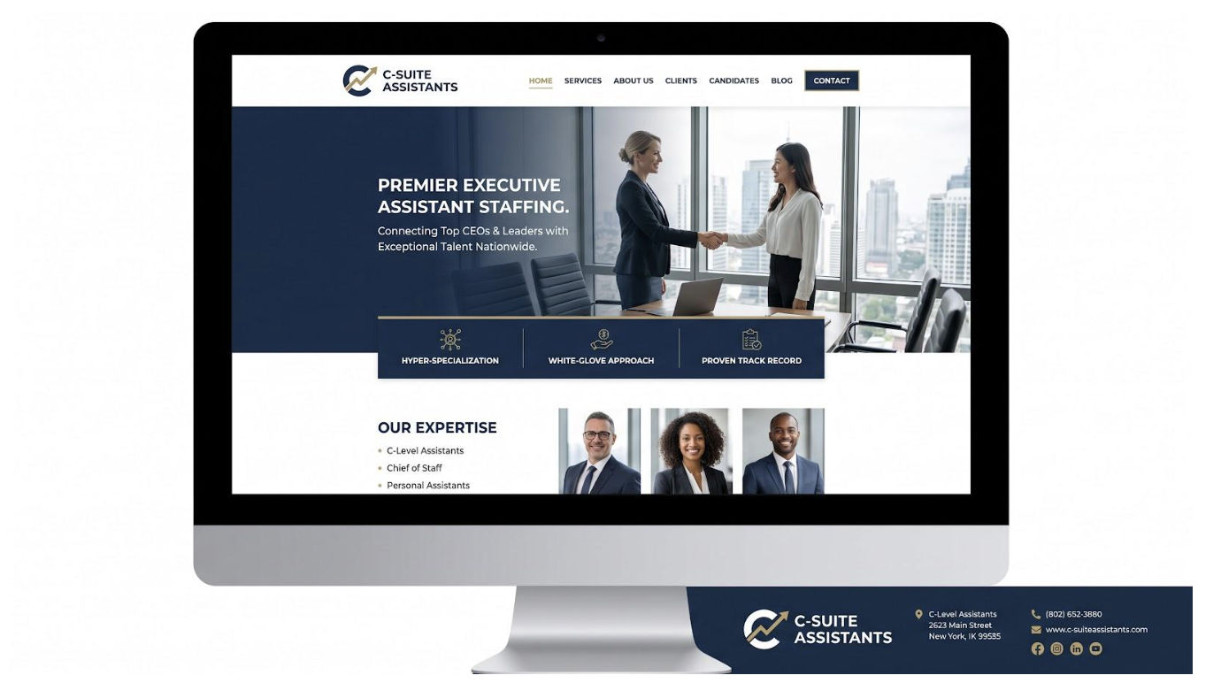 C-Suite Assistants Website Screenshot Highlighting Admin and Operations Focus.