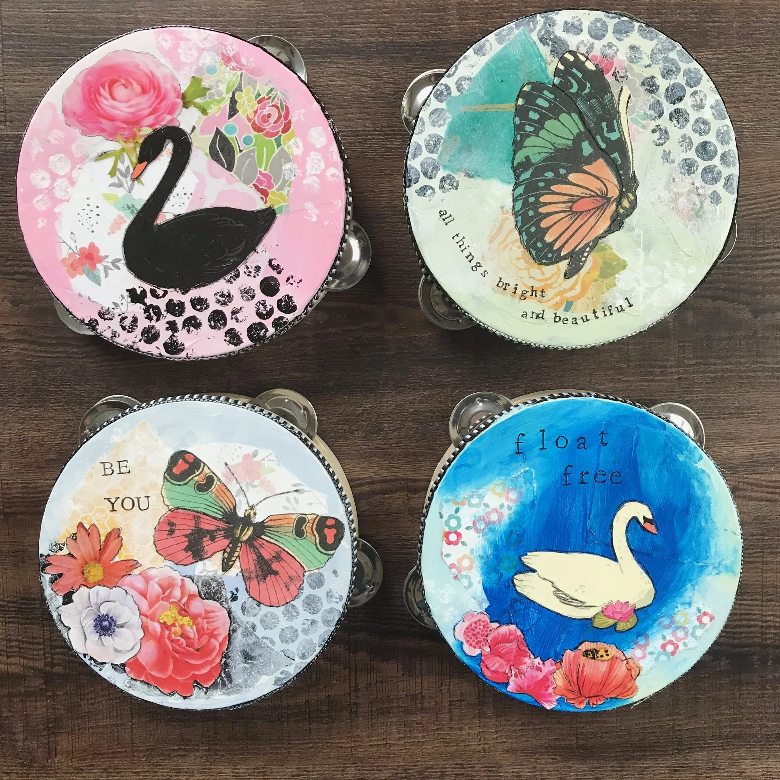 Four new tambourines, ready for their ribbons!