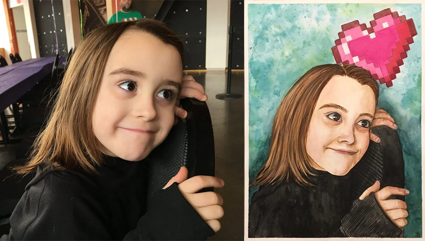 Reference and finished portrait of an 8-year old who loves video games!