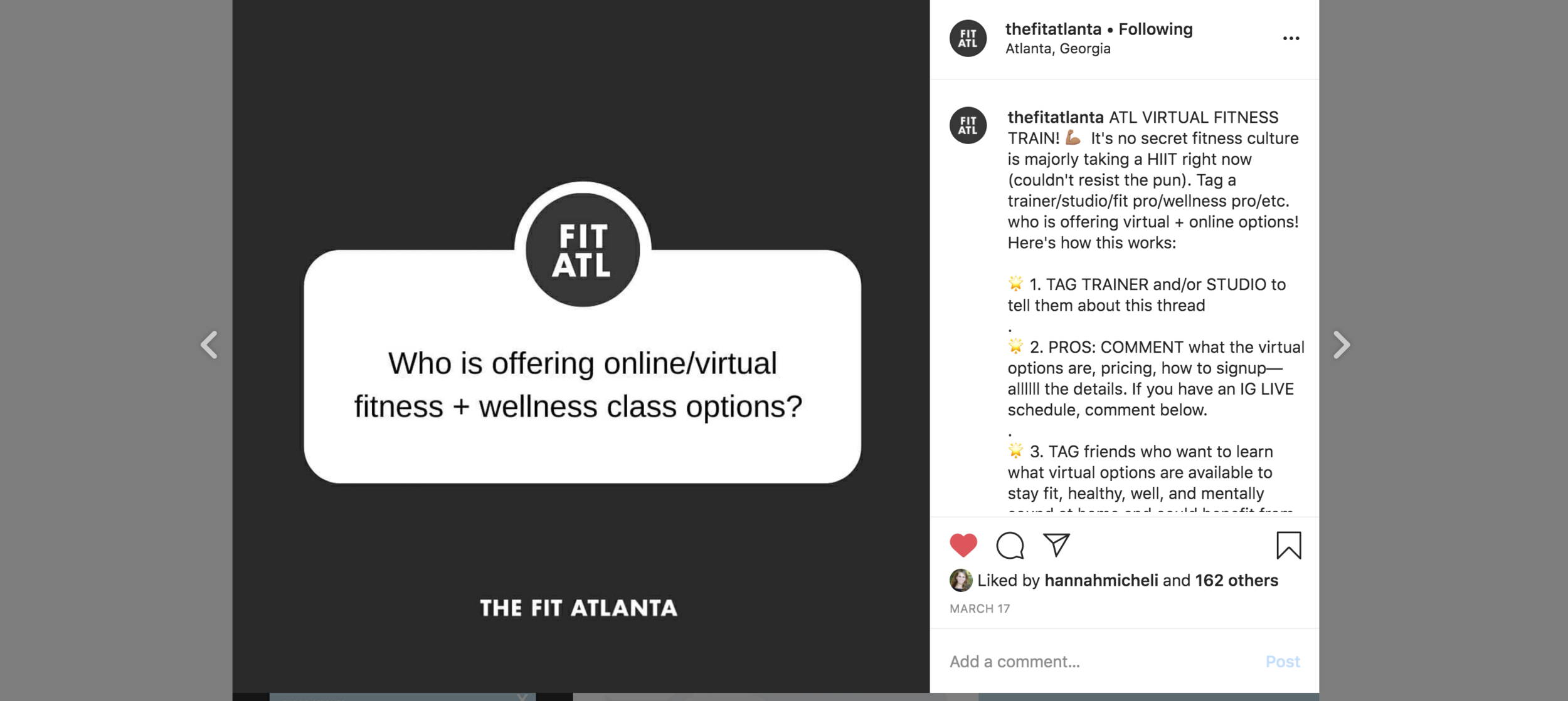 Call for virtual fitness classes in Atlanta on The Fit Atlanta Instagram