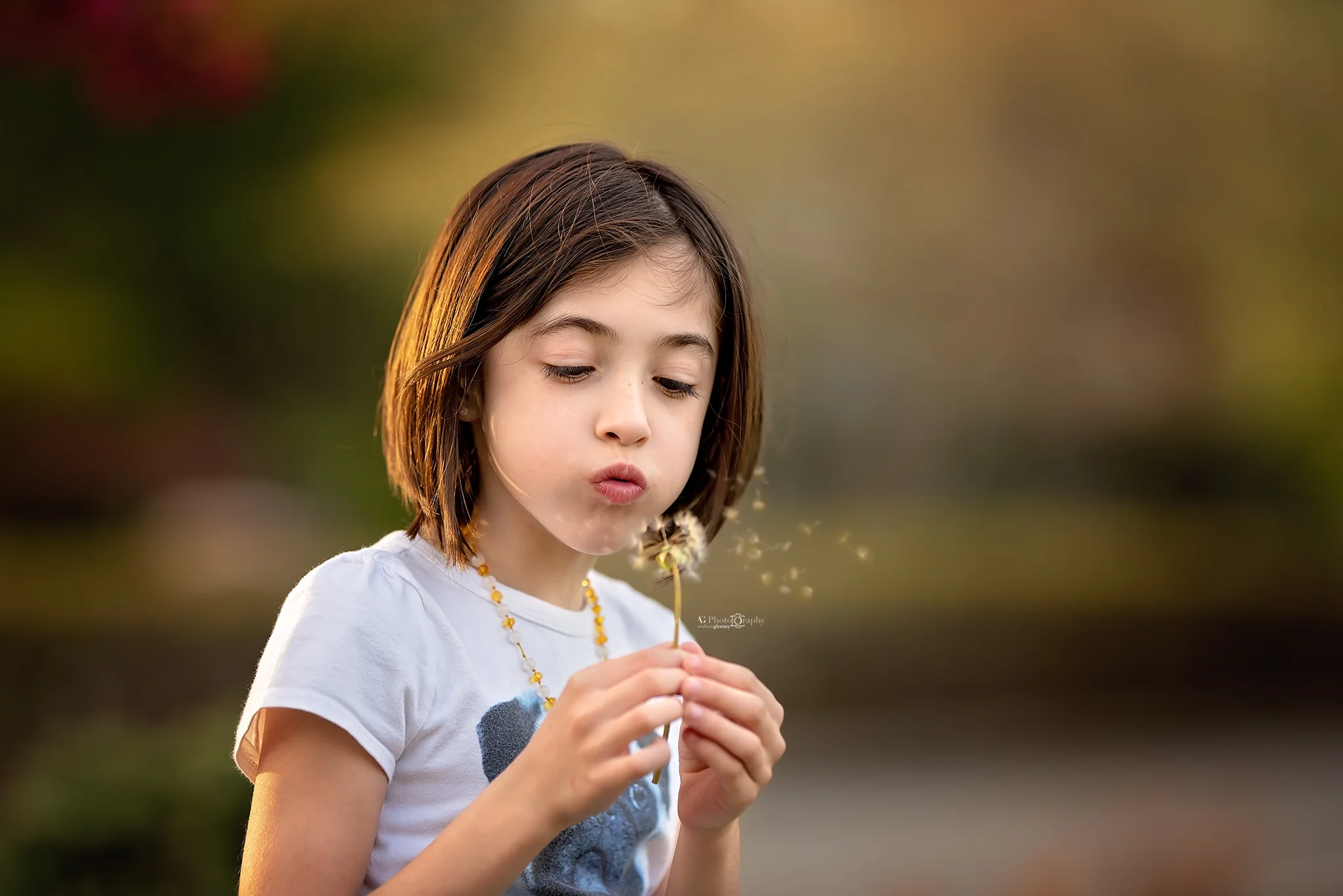Girl blowing dandelion during an outdoor spring session in Bergen County, NJ