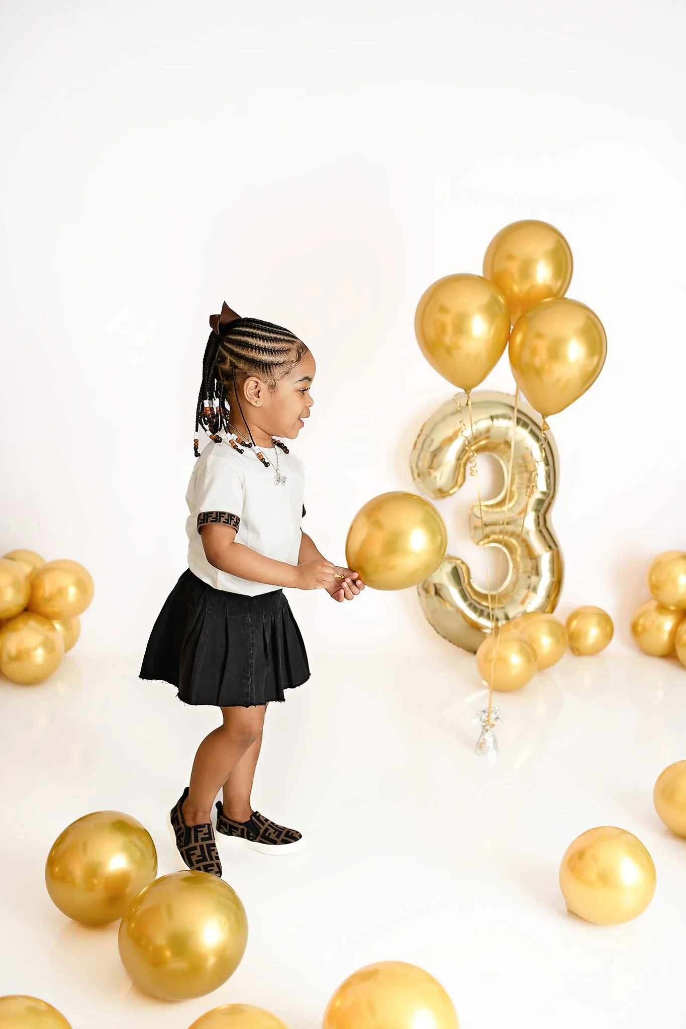 3rd Birthday Milestone Session | Elegant Gold Balloon Studio Portraits