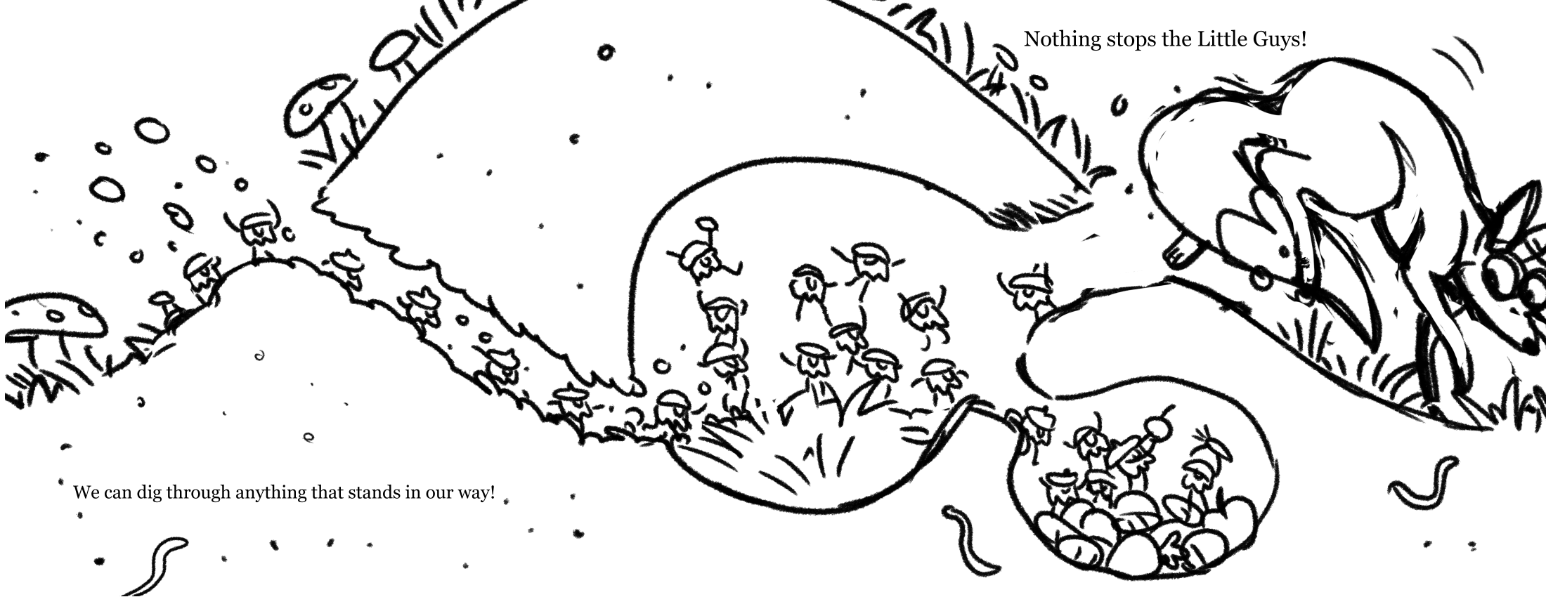 This is the rough sketch from my dummy. There’s actually tons and tons of work that goes before this, lots of rewrites and redraws and rethinks which are ZERO fun to look at. Let’s pretend for our purposes that this is where things begin! This sketch is done digitally in Photoshop.