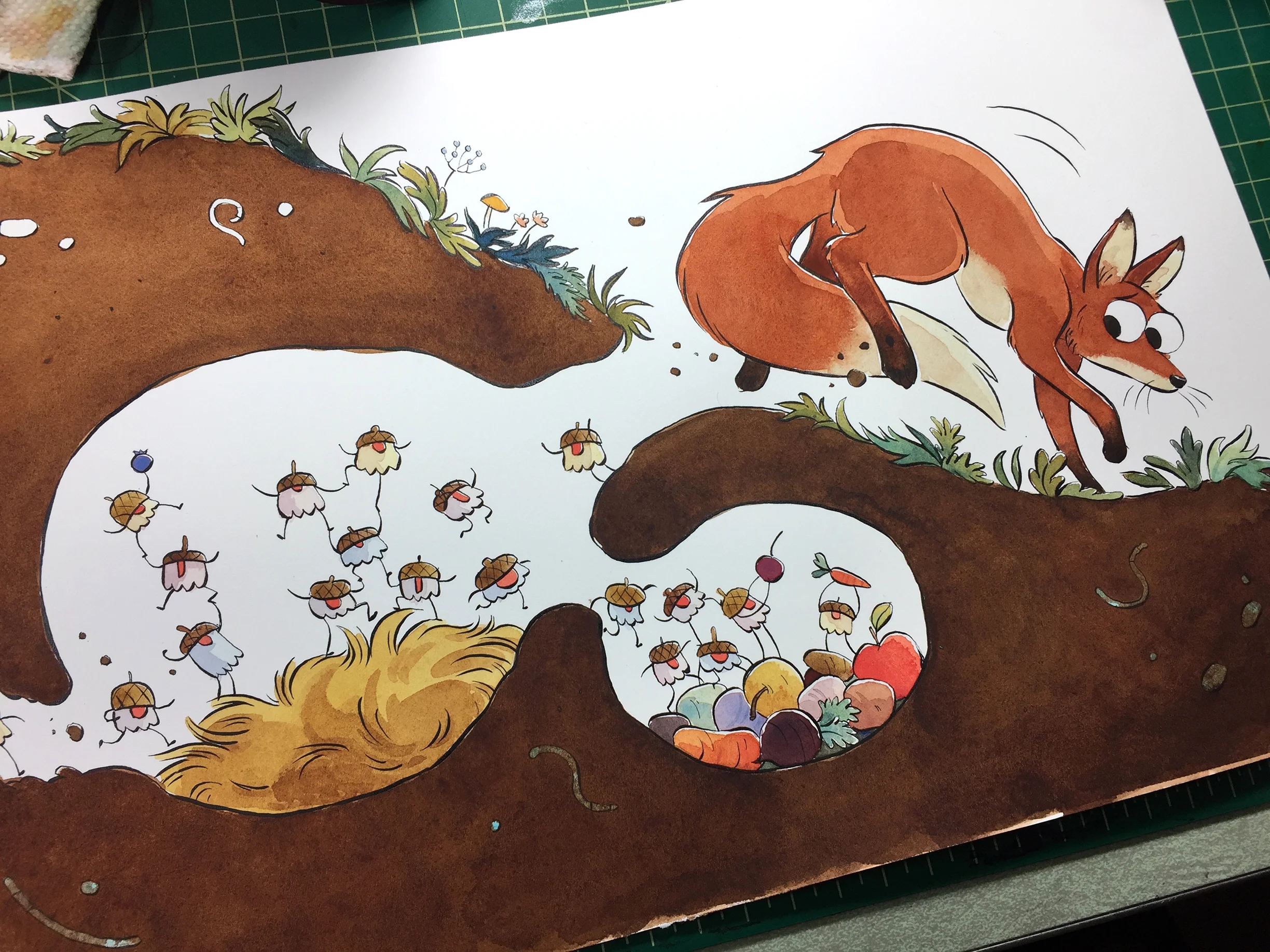 I did not take a photo of me painting the worms and rocks in because… I forgot. But that was the very last thing I did.