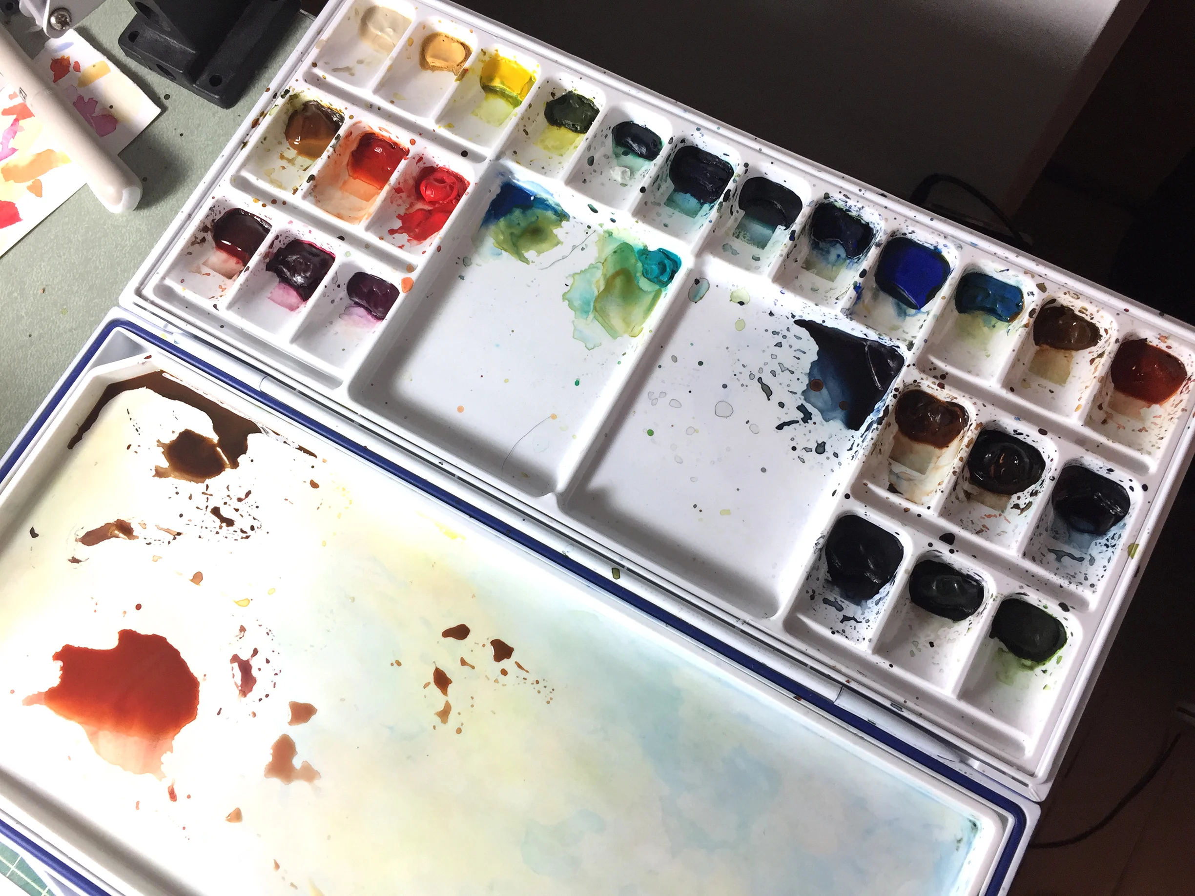 This is my palette - plastic, lots of mixing area. I use tube paint squeezed into the wells, mostly Winsor & Newton and Daniel Smith. I have LOTS of colors but for this book I didn’t use all of them. The fewer colors I use the more unified my paintings feel, I think. Also mixing is really fun.