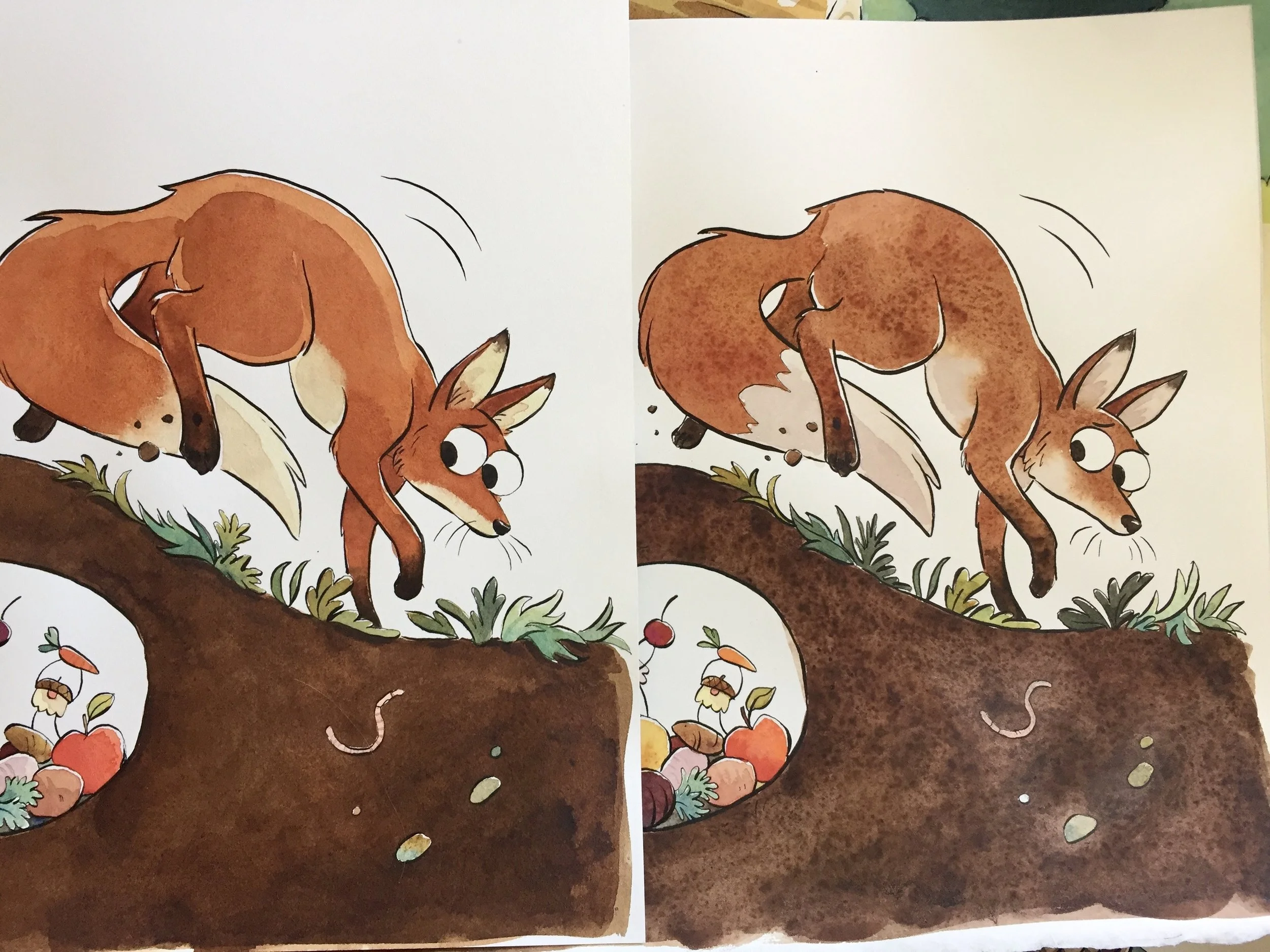Oh, and this is kind of interesting (to me): I painted this twice. The first time was on Arches Hot Press watercolor paper, and I didn’t like how granulated (grainy) it looked, and how it made the blue masking fluid smear when I erased it. You can see it on the right. So I switched to Fabriano Artistico Hot Press paper (left), and liked how it looked MUCH BETTER. So I repainted all the spreads I’d done up to that point. See the difference? Maybe you like the granulated one better! That’s cool. That’s why it’s important to experiment with different materials and figure out what’s going to work best for the effect you want. Art materials are a very personal decision. Hope you liked seeing mine!