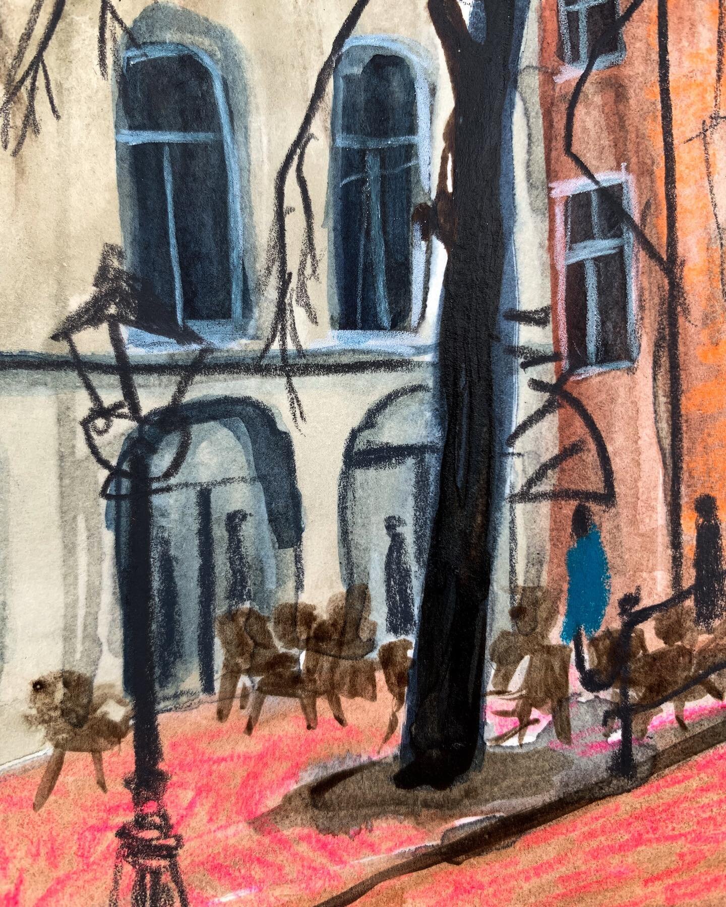 Today drawing in beautiful Leiden! I didn&rsquo;t finish it but had a lovely time making it and my favourite bit is this first detail -  the collection of empty chairs&hellip; I also discovered that brown ink looks nice with red pencil on top (roofto