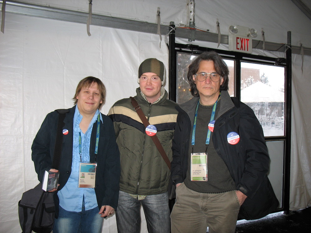  Publicist Ryan Levey, filmmaker Ken Wardrop and Assoc. Producer Duane Verh, in the 'entourage tent' 