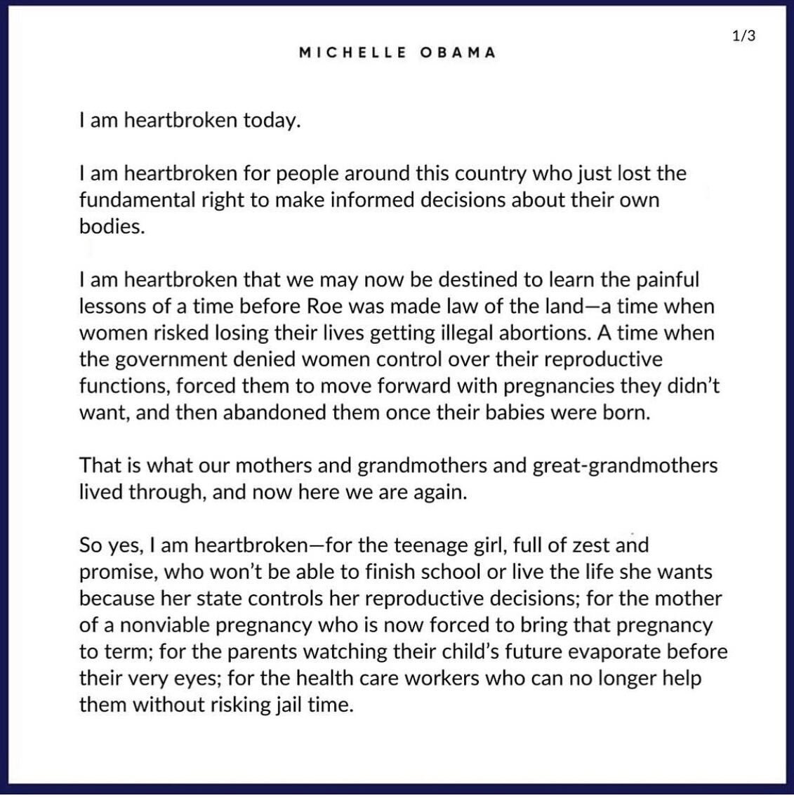 This post from Michelle Obama&rsquo;s is a guiding light for hope. 
Today I feel the pain for myself and others who are again told that their bodies aren&rsquo;t their own, that their rights don&rsquo;t matter, that their suffering doesn&rsquo;t matt