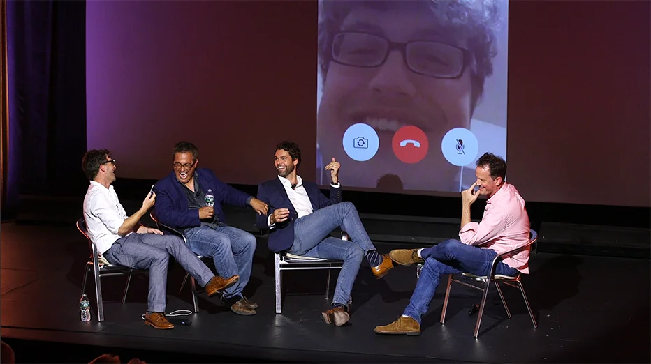 Left to right: Director/Co-Creator Shannon Goldman, Writer/Co-Creator Tony Spiridakis, Actor Rob Hancock (Tony), Actor Dimitri Spiridakis (Danny) and Moderator Ted Griffin.