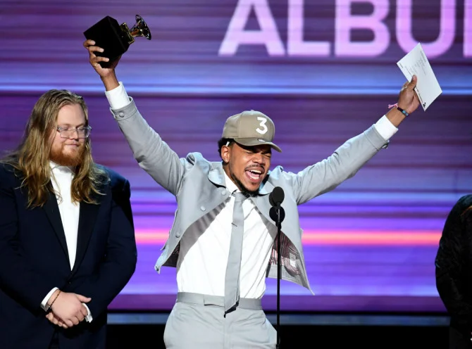 Photo of Chance the Rapper winning one of his first GRAMMYs at the 59th GRAMMY Awards in 2017.