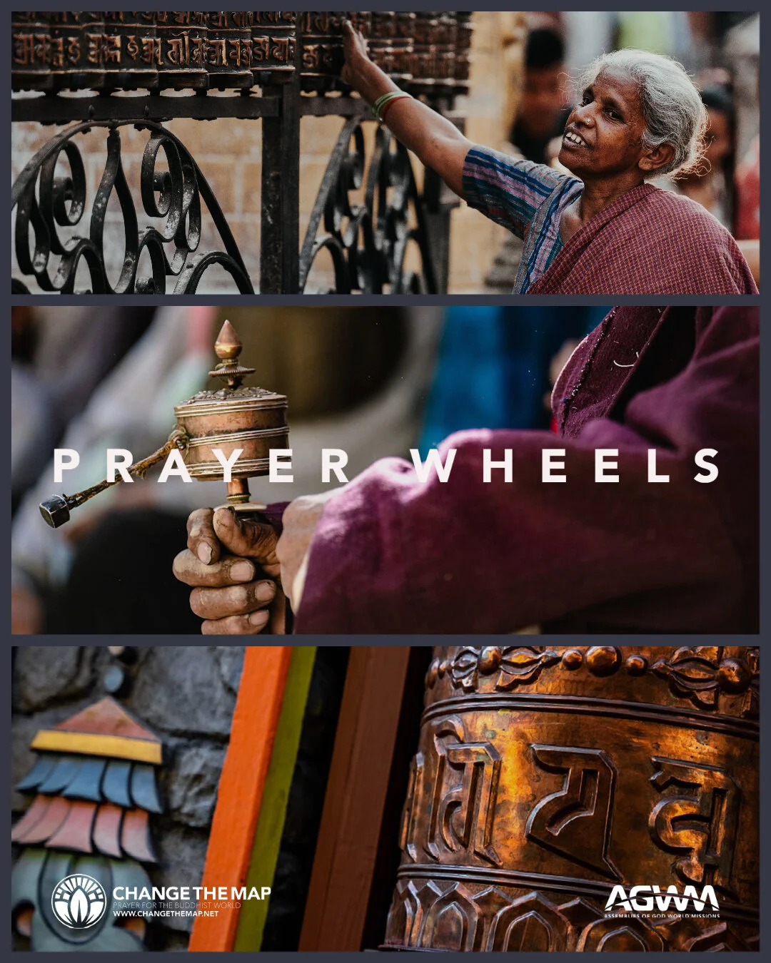 DID YOU KNOW?
...
Making Merit: Prayer Wheels
Prayer wheels can be found throughout the Buddhist world, particularly in Tibetan Buddhist nations. A prayer wheel is a cylinder on a spindle containing a Buddhist prayer or mantra, often with a scroll r