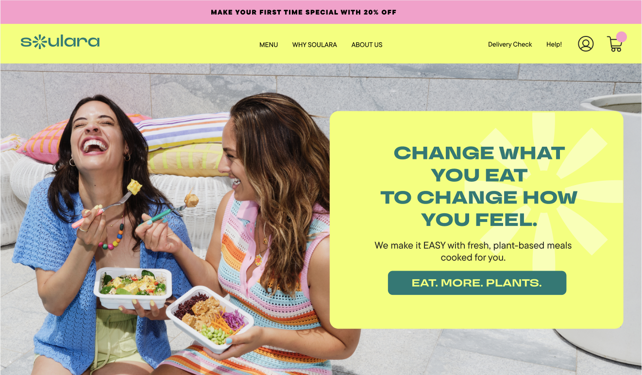 Soulara homepage hero banner with copy by creative director Simon Beaumont. The H1 copy reads Change What You Eat To Change How You Feel