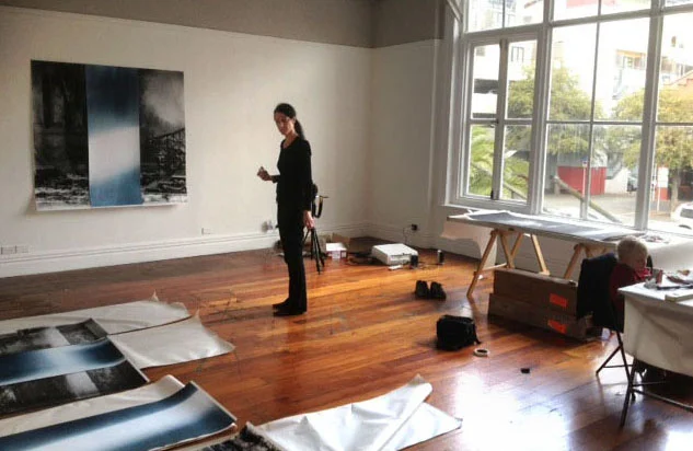 Installation in progress at Enjoy Public Art Gallery, 2013. View of windows which were used for exposure as photo studio in late 19th to mid 20th century.