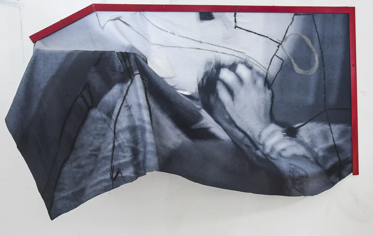 Push down for Laura, 2018Cardboard box, steel, charcoal, pastel, acetate, video still on synthetic fleece blanket.59x37x15