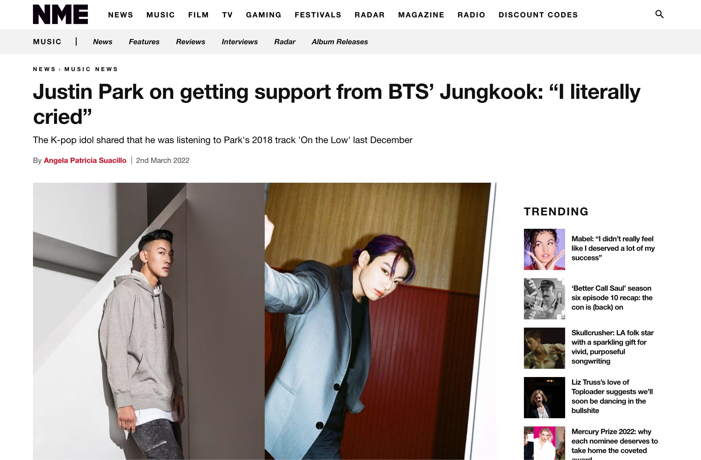 Justin Park on getting support from BTS’ Jungkook: “I literally cried”