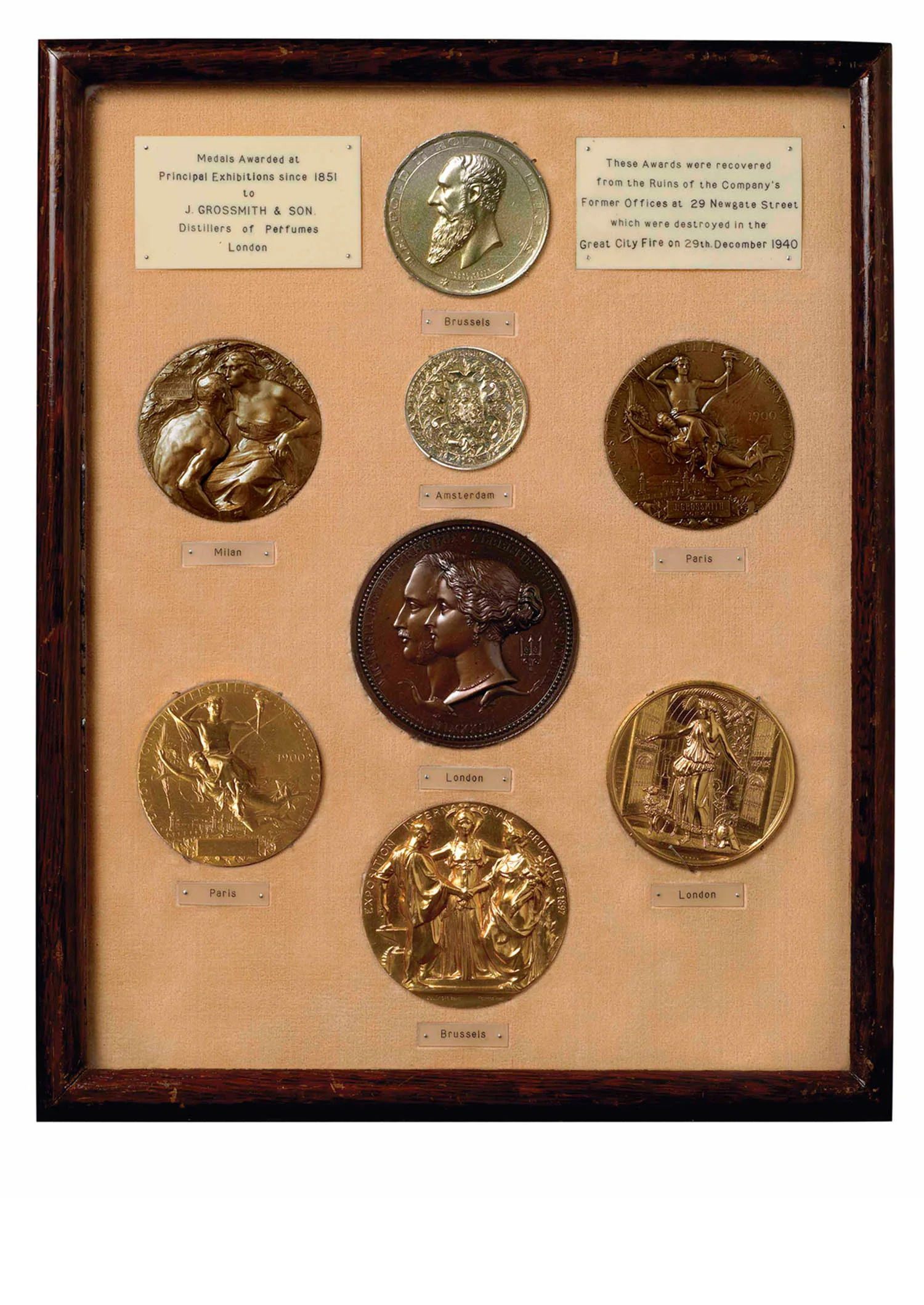 Medals awarded to Grossmith for excellence in perfumery. Great Exhibition medal in centre