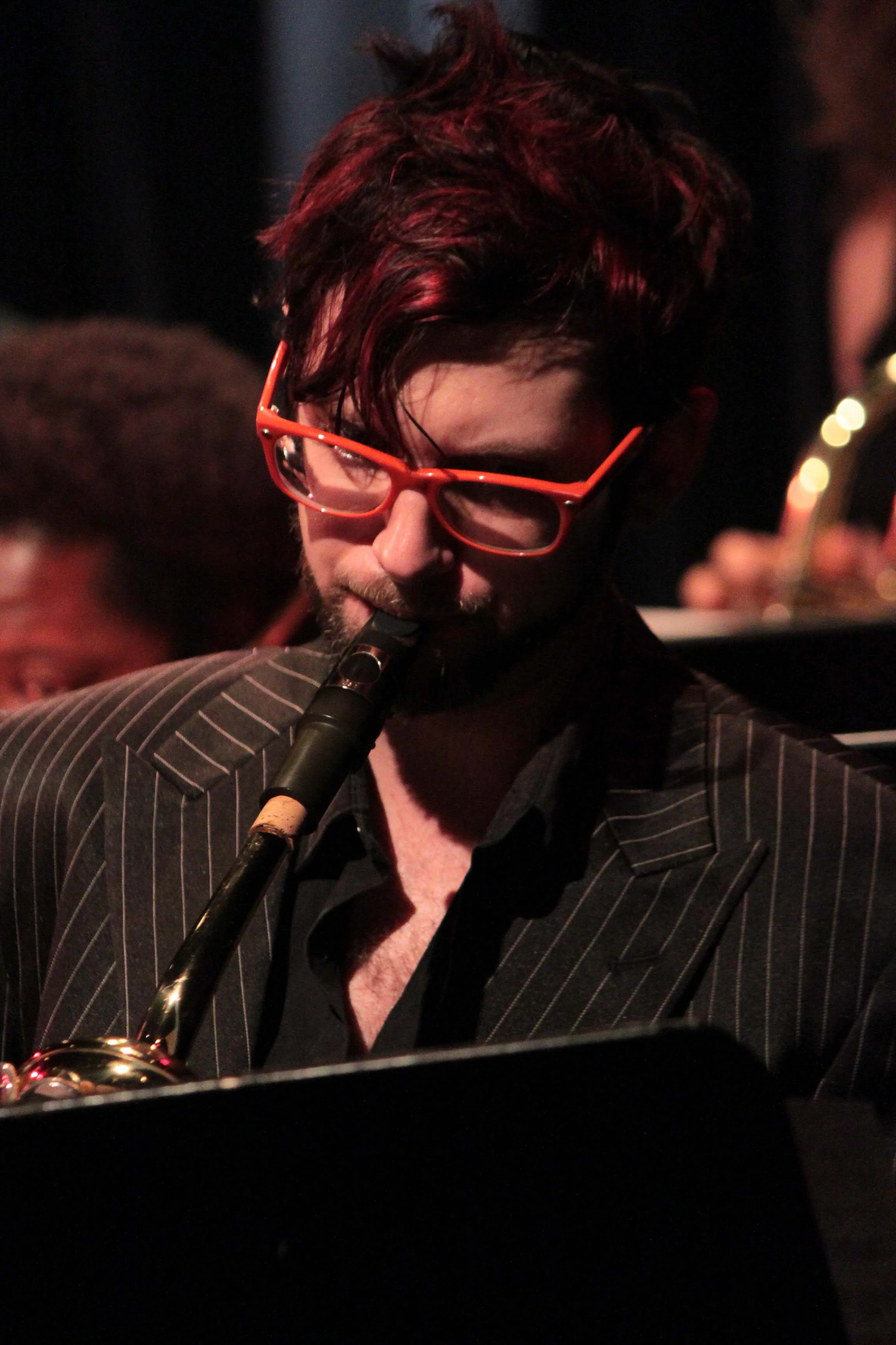  Stphen Plekan, baritone saxophone. David White Jazz Orchestra live in performance at Symphony Space. New York, NY. 2011. Photo by Donna Davis. 