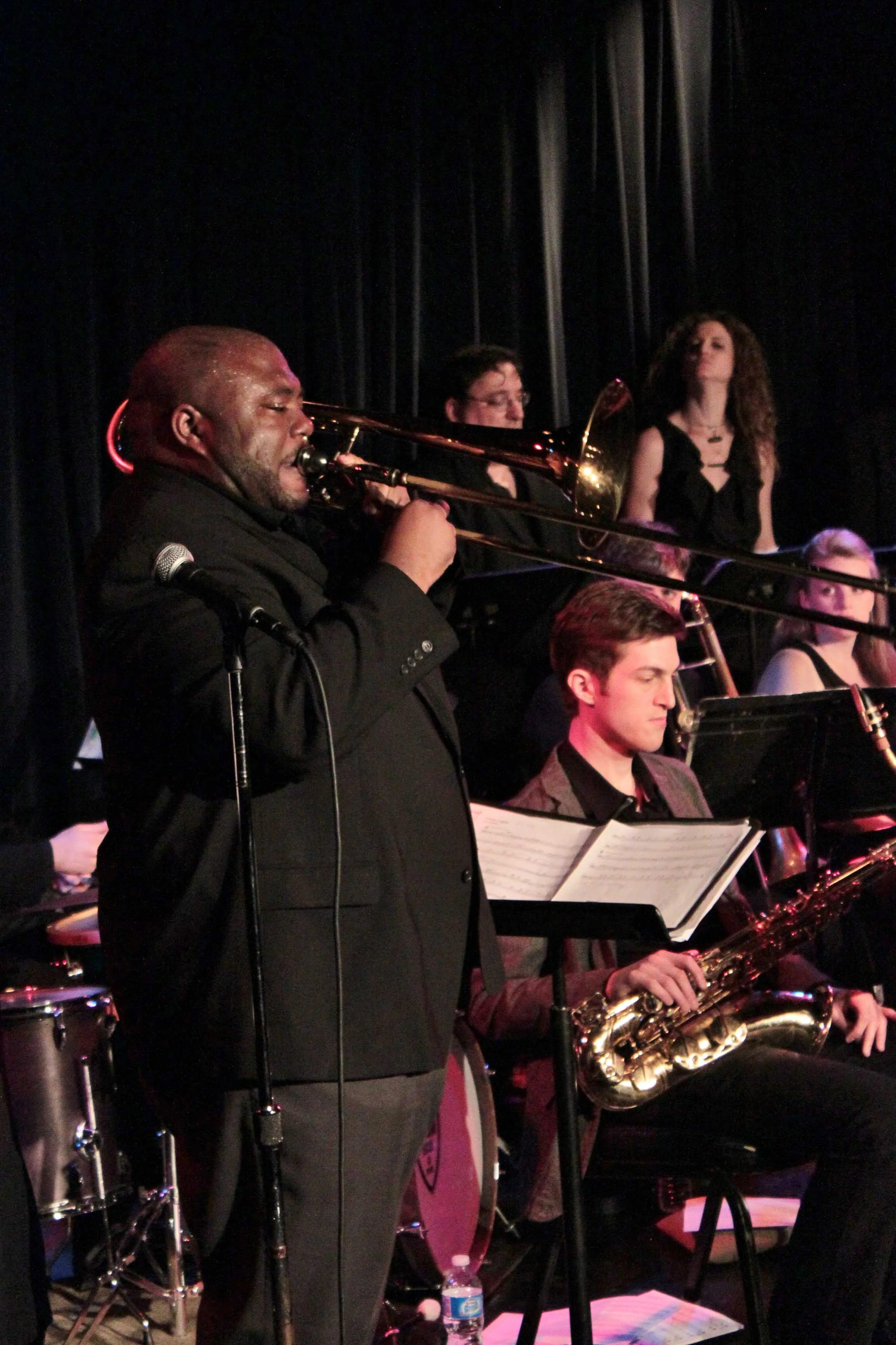  David White, trombone. Irv Grossman, trumpet, Alicia Rau, trumpet. Melissa Gardiner, trombone. Sam Taylor, tenor saxophone. David White Jazz Orchestra live in performance at Symphony Space. New York, NY. 2011. Photo by Donna Davis. 