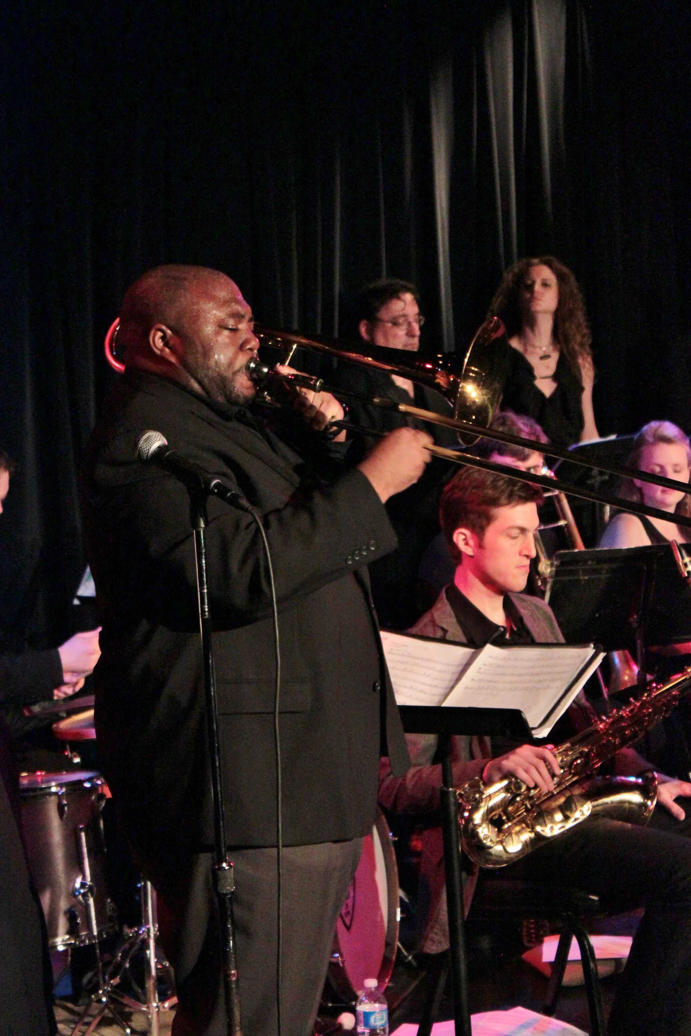 David White, trombone. Irv Grossman, trumpet, Alicia Rau, trumpet. Melissa Gardiner, trombone. Sam Taylor, tenor saxophone. David White Jazz Orchestra live in performance at Symphony Space. New York, NY. 2011. Photo by Donna Davis. 