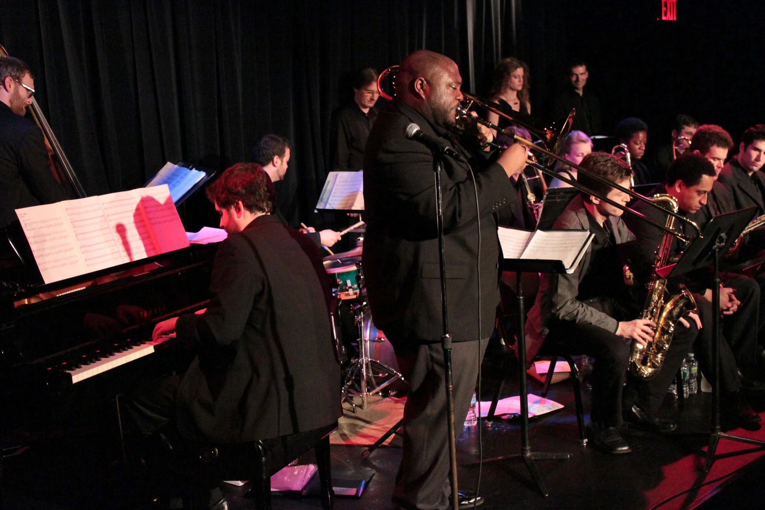  Volker Goetze, trumpet, Irv Grossman, trumpet, Alicia Rau, trumpet, Michael Irwin, trumpet. Rick Parker, trombone, Melissa Gardiner, trombone, Barry Cooper, trombone, Robert Stattel, bass trombone. Sam Taylor, tenor saxophone, Omar Daniels, alto sax