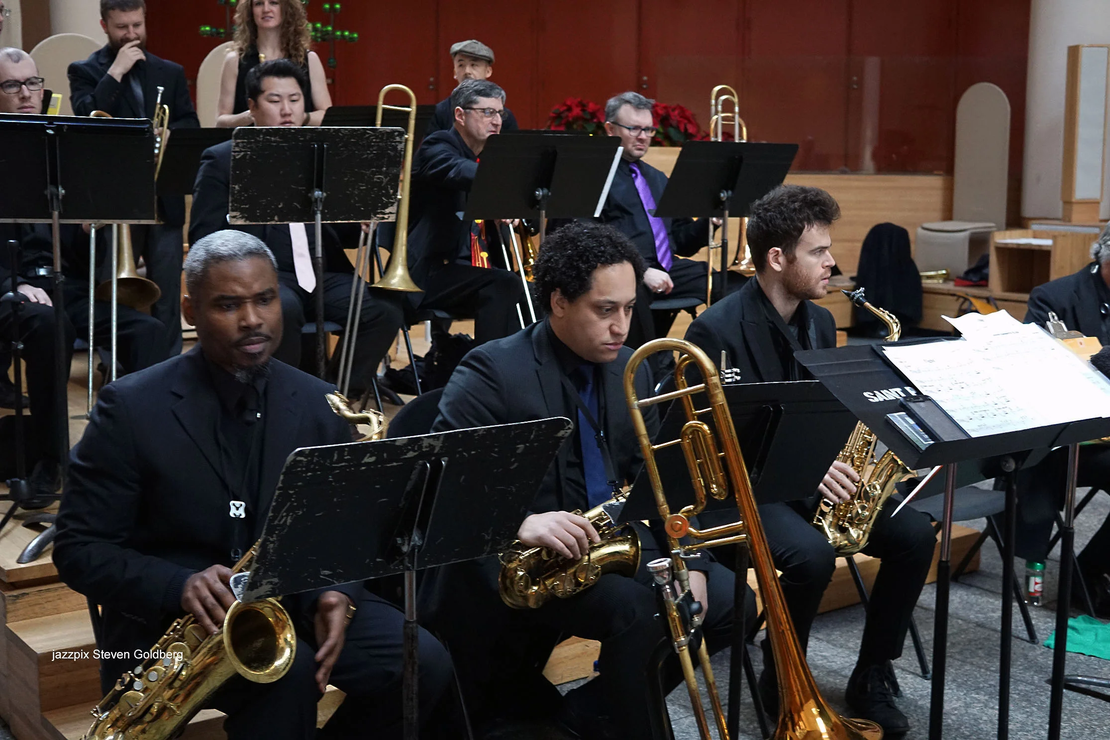  Ron Harter, trumpet, Alicia Rau, trumpet. James Hall, trombone, Jimmy O'Connell, trombone, Robert Stattel, trombone, Brandon Moodie, bass trombone. Beavin Lawrence, tenor saxophone, Omar Daniels, alto saxophone, Andrew Gould, alto saxophone. David W