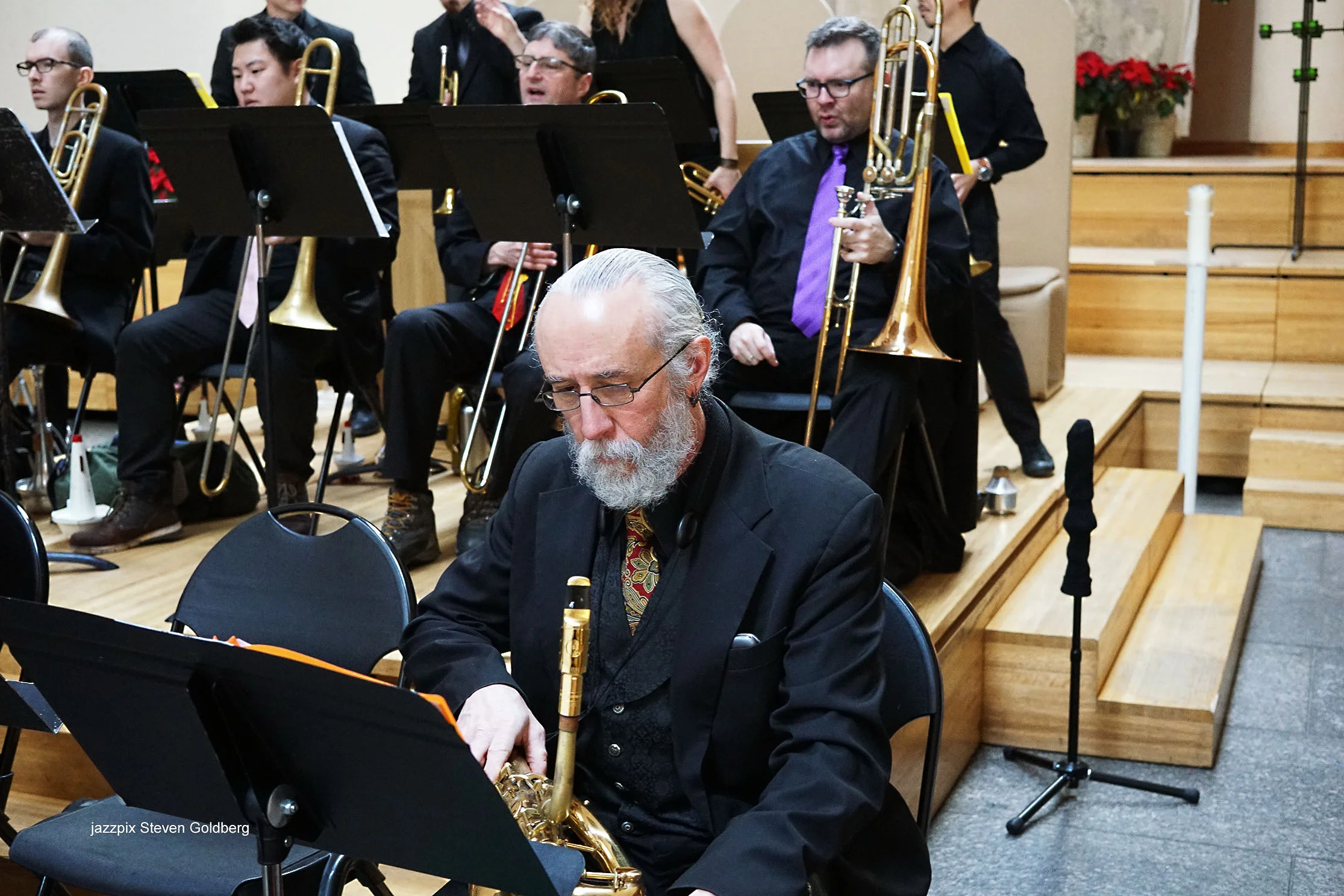  James Hall, trombone, Jimmy O'Connell, trombone, Robert Stattel, trombone, Brandon Moodie, bass trombone. Jeff Newell, baritone saxophone. David White Jazz Orchestra. Live at Midday Jazz CD Release concert at Saint Peter's Church, New York, NY. 2017