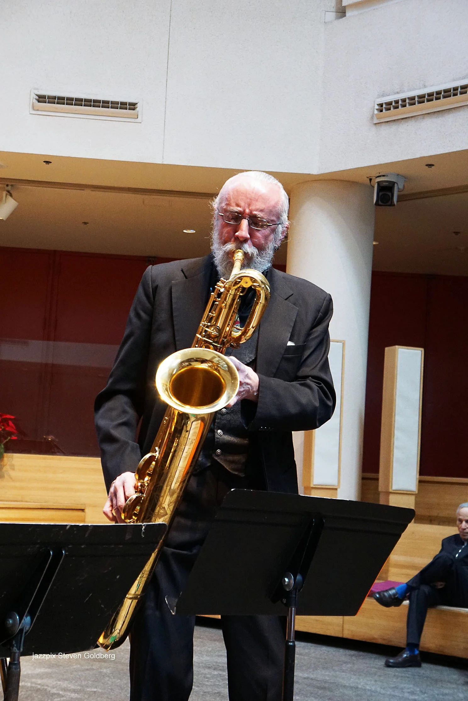  Jeff Newell, baritone saxophone. David White Jazz Orchestra. Live at Midday Jazz CD Release concert at Saint Peter's Church, New York, NY. 2017. Photo by Steven Goldberg.   